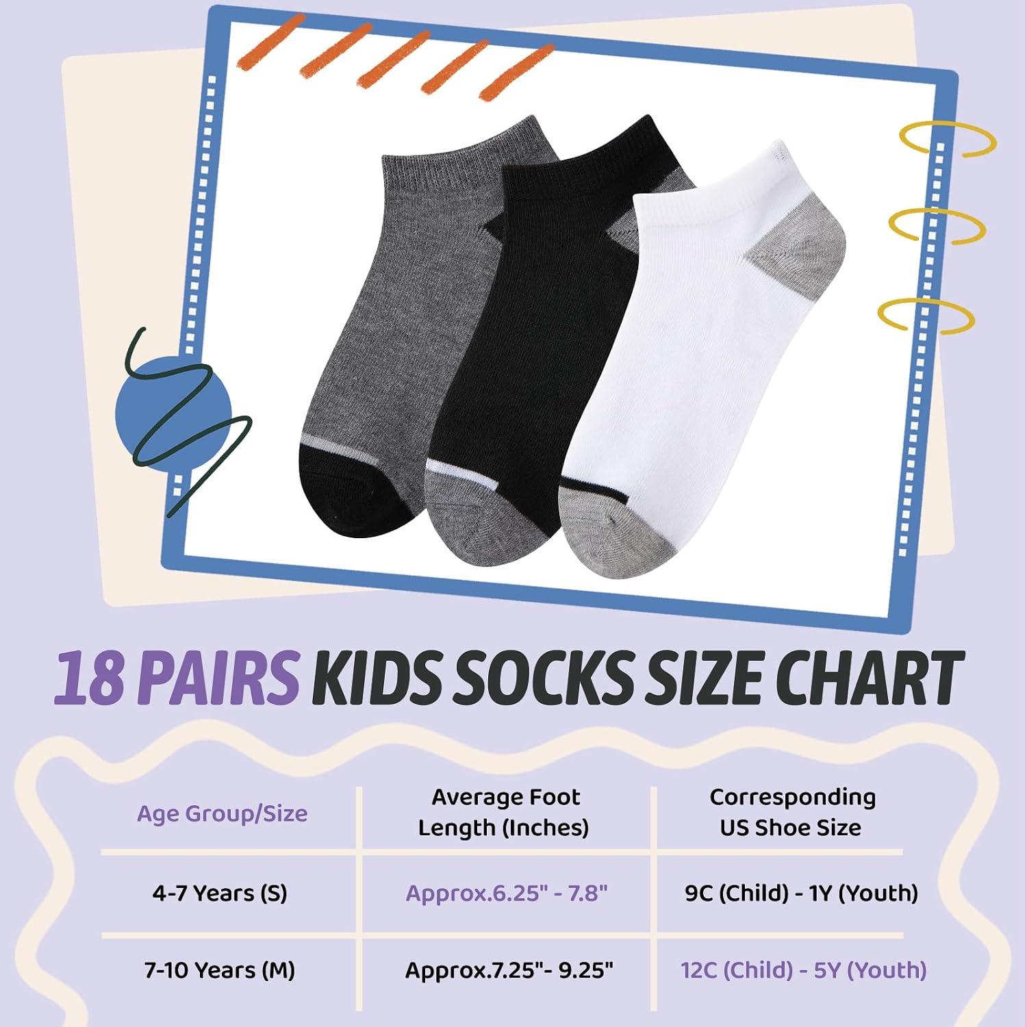 18 Pairs Boys Ankle Socks, Kids Athletic Socks 4-6 6-8 8-10 Years Old, Thin Black White Grey Running Girls Socks