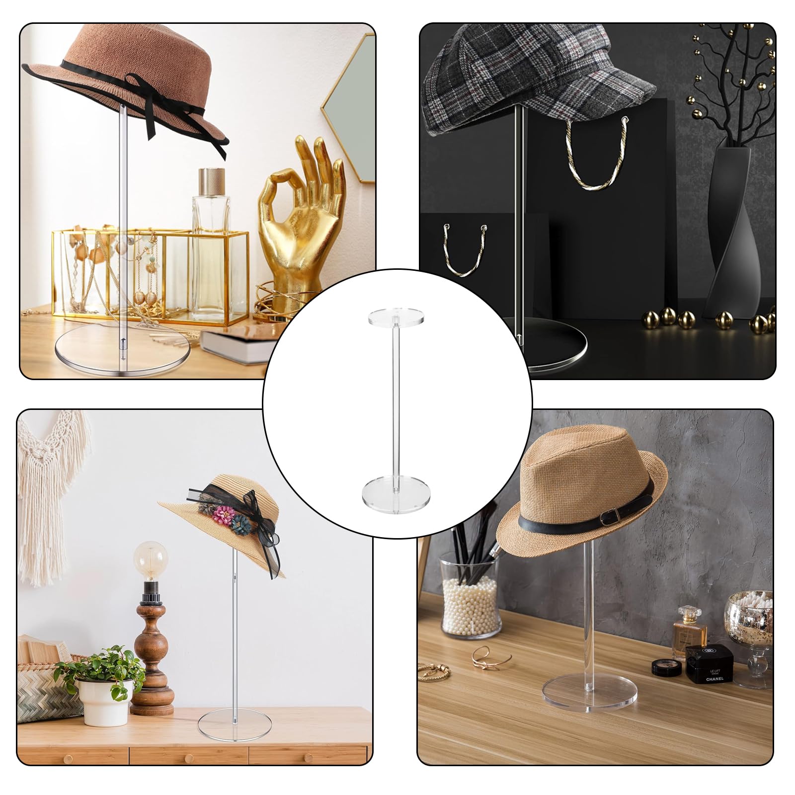 2 Juegos de soportes acrílicos transparentes para sombreros y pelucas Soporte para sombreros con base redonda Soporte para pelucas Reloj para sombreros (altura 30 cm, base redonda)