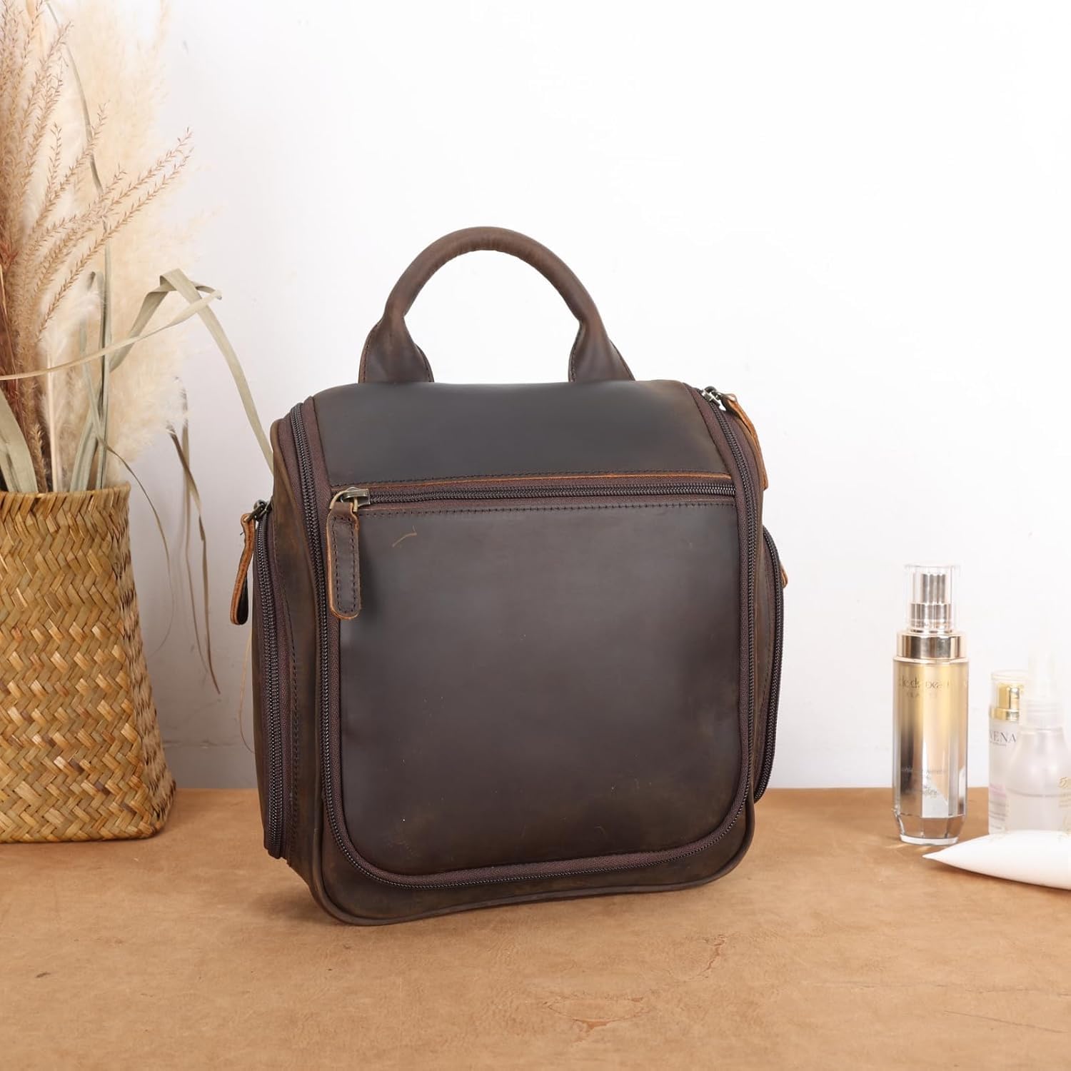 Neceser colgante de piel auténtica para hombre, organizador expandible de viaje y campamento con kit de afeitado, bolsa de lavado marrón vintage resistente al agua para cosméticos, artículos
