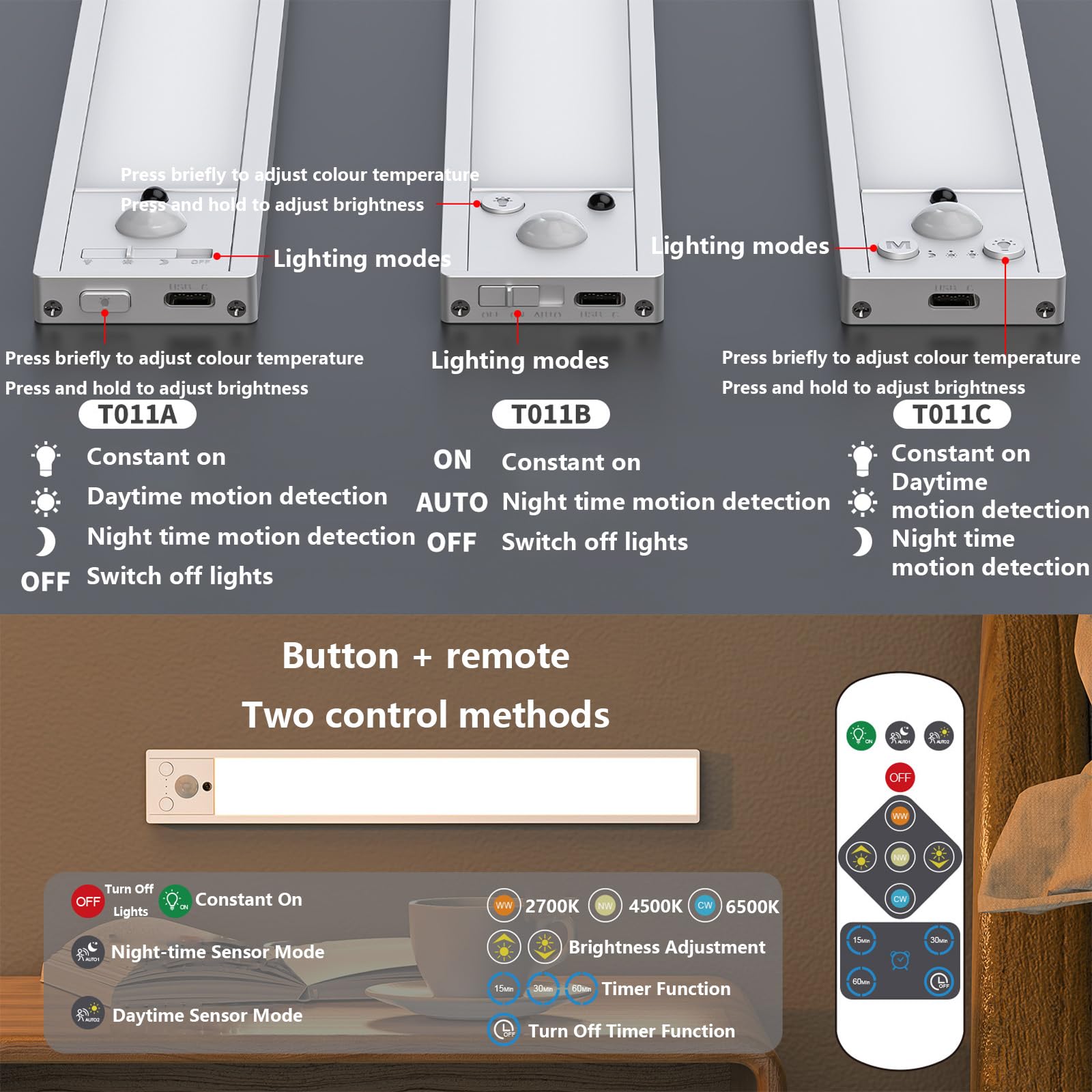 LED Akku Wandlampe mit Bewegungsmelder Wandleuchte Fernsteuerung Dimmbar Wandbeleuchtung Aufladbar USB Wandleuchten mit Schalter für Treppenbeleuchtung Vitrine Küche (C-Silber,60cm)