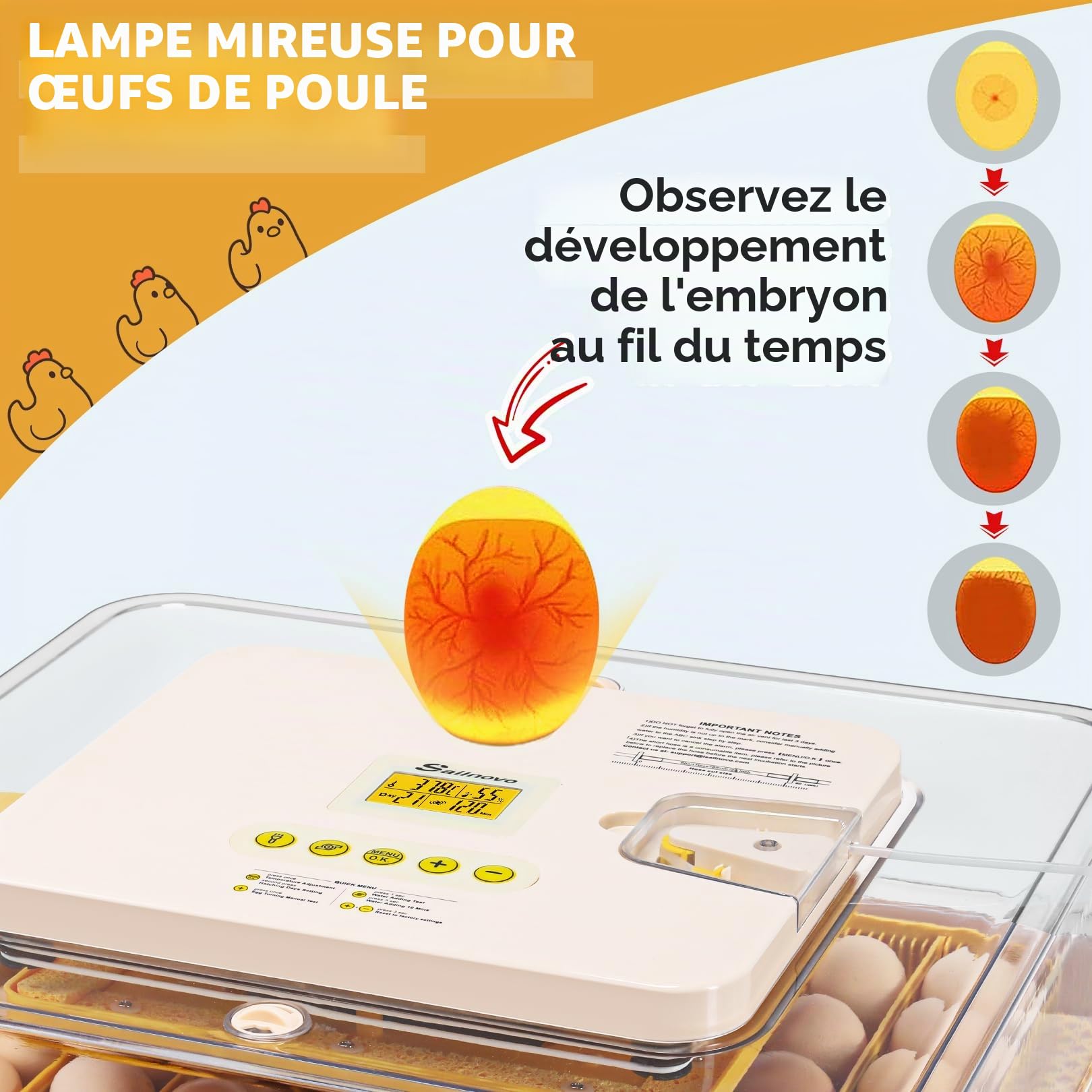 Sailnovo Couveuse Automatique pour 56 Œufs, Couveuse Oeuf Poule avec Retournement Automatique des Œufs, Contrôle de Température et Ajout Automatique d'Humidité, Jaune