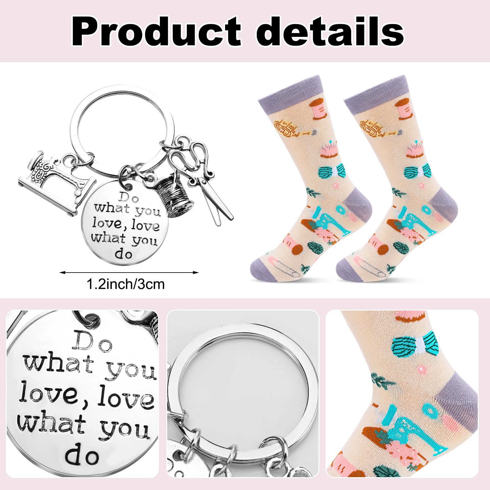 Dansydaisy 6 piezas de regalos de costura rosa con vaso de 20 onzas, taza de acero inoxidable, bolsa de cosméticos, calcetines, llavero, cuaderno de bobina, regalos divertidos de costura para mujeres