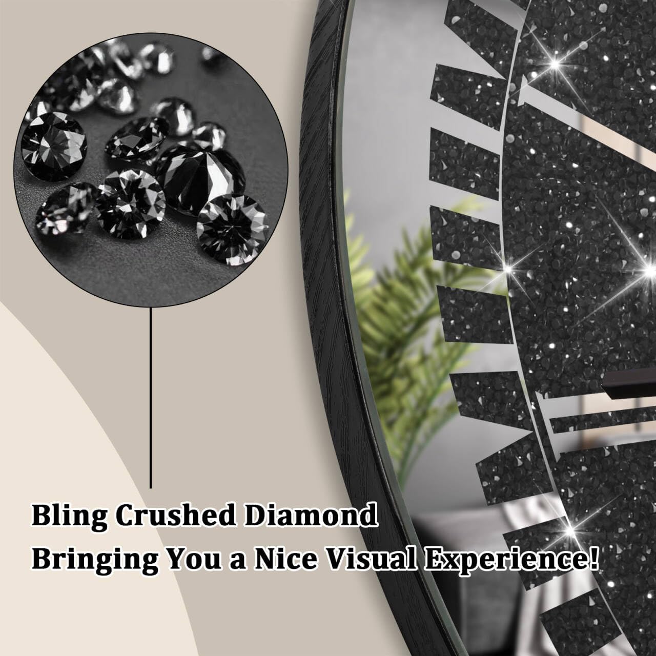 Black Diamond Mirror Clock Modern Wall Hanging Clock for Bedroom Round Wall Clocks with Sparkle Crystal Diamond 16 inch Decorative Mirrors for Living Room Home Office, AA Battery not Included