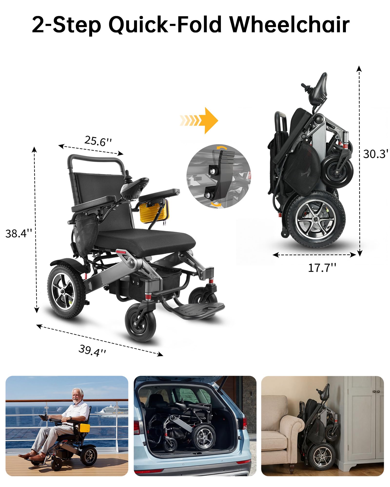 Silla de Ruedas Eléctrica para Adultos 182 kg, Autonomía 48 km, Silla de Ruedas Eléctrica con Batería 25 Ah, Silla de Ruedas Eléctrica Plegable con Ruedas Inflables 32 cm para Exterior/Compras, Negro