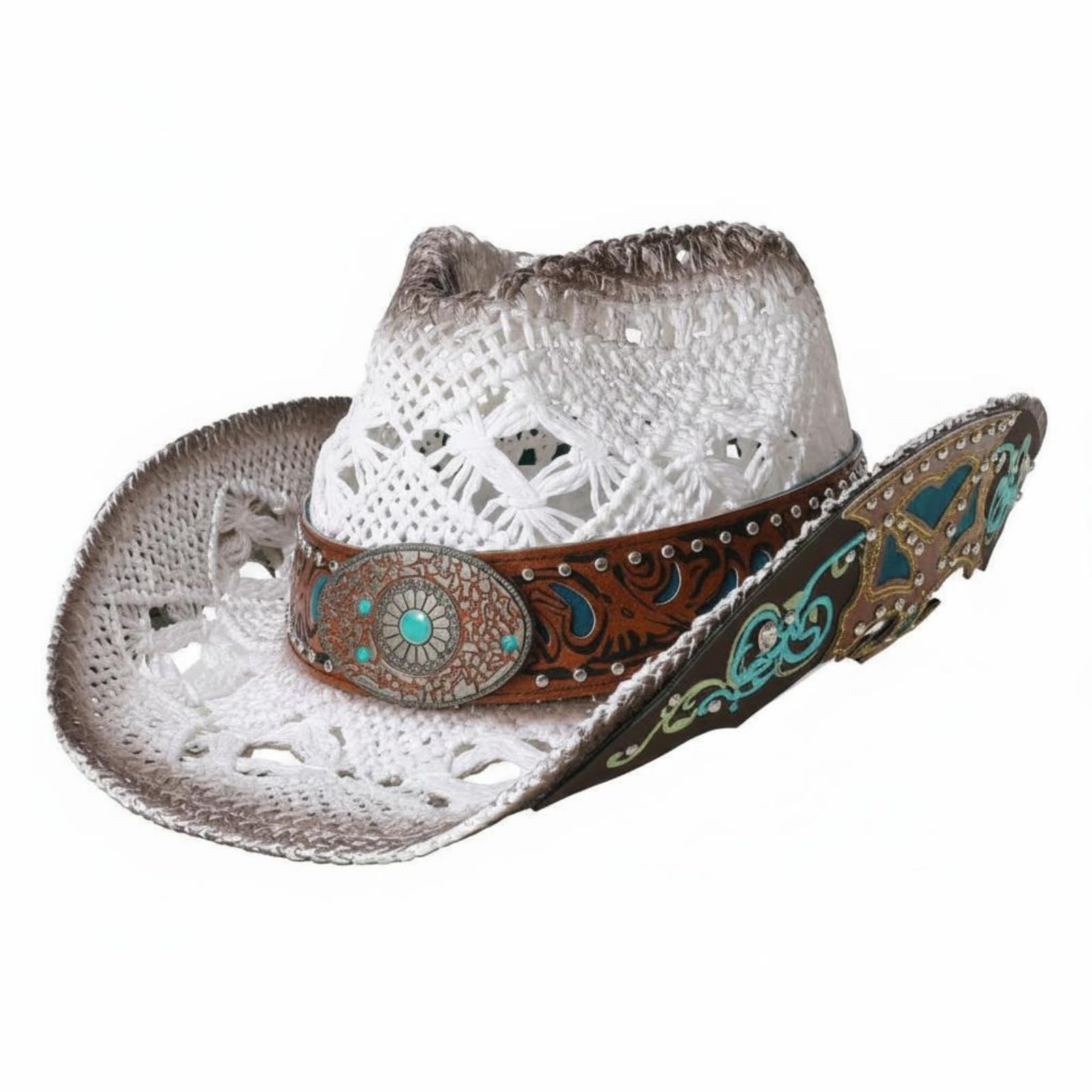 UJEAVETTE Embroidered Straw Cowboy Hat Decorative Belt Turquoise Band Cowboy Hat Vintage Design Fashion Accessory for Vacation, Beach, Outdoor, White-image-39