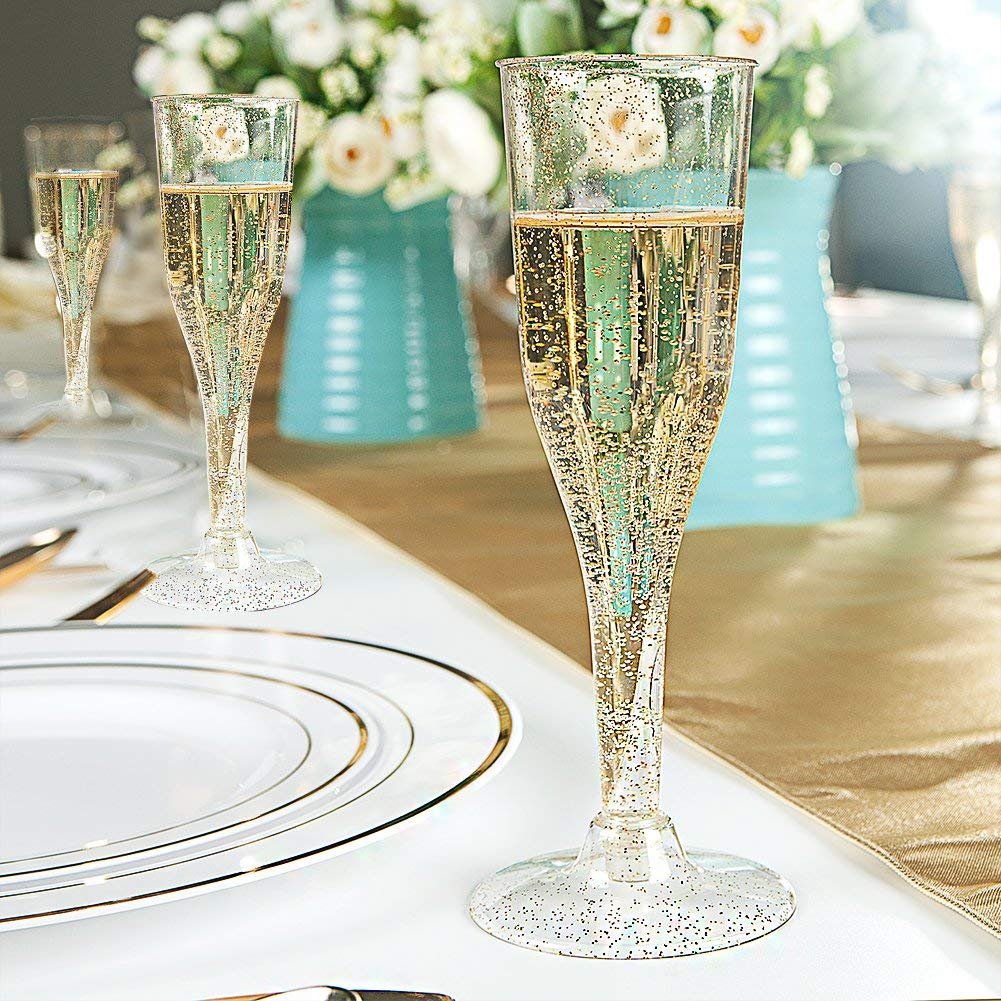 Buy 105 Plastic Champagne Flutes, Gold Glitter Champagne Glasses 5 Oz