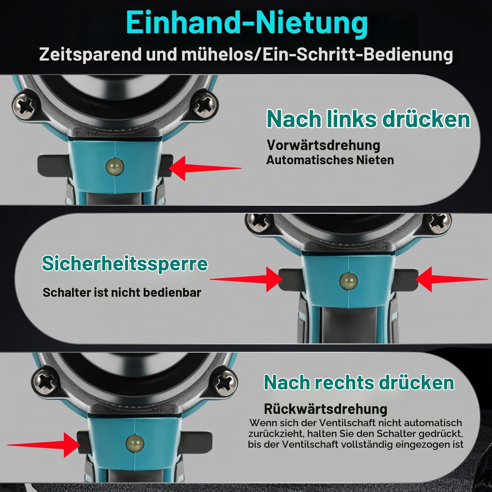 Akku Nietzange Kompatibel mit Makita 18V Akku, 30000N Bürstenlose Blindnietzange, Elektrische Nietpistole mit LED, Automatischer Popnietenzange Mit 3.2/4.0/4.8mm Adaptern(ohne Batterien)
