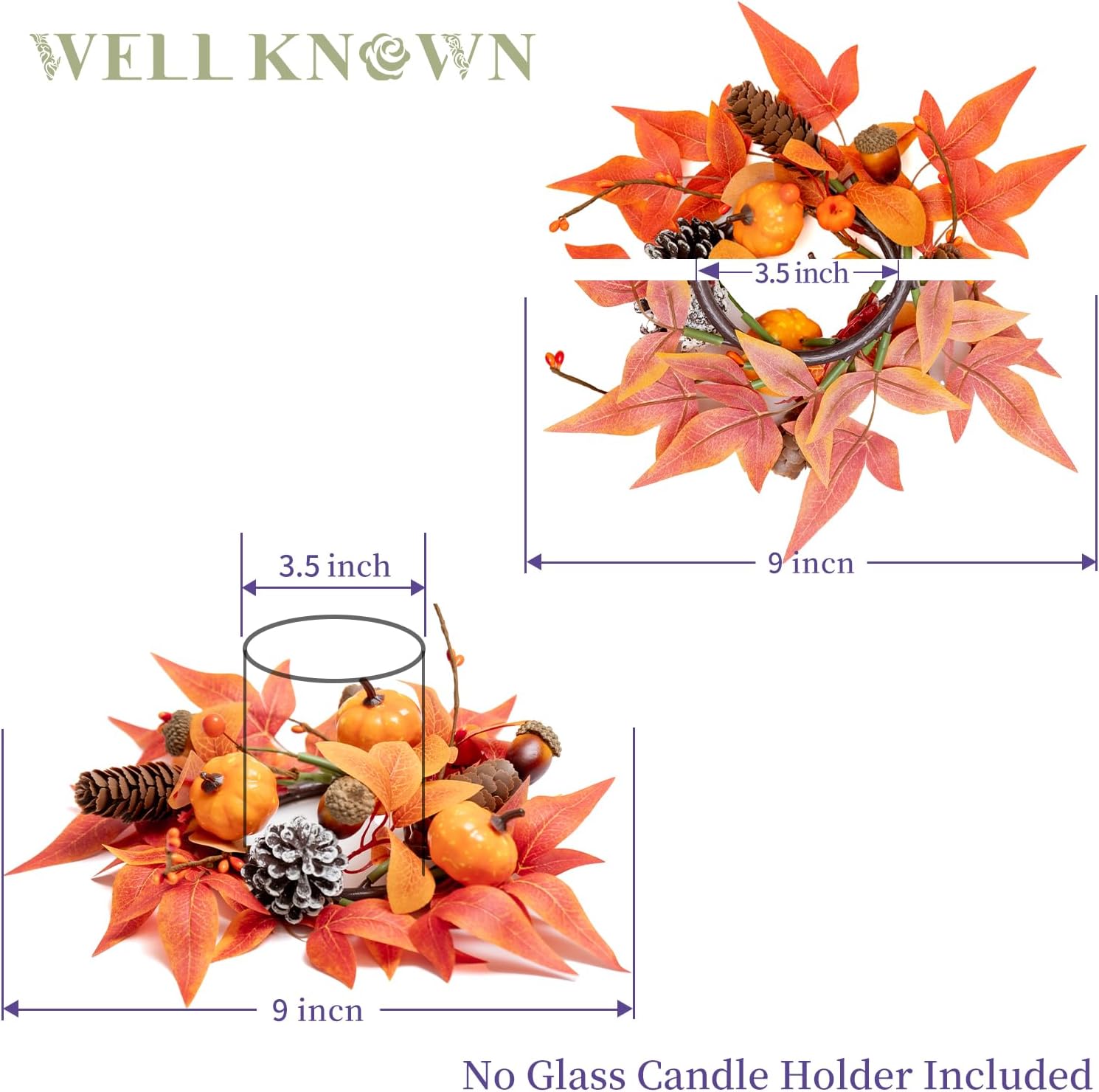 WELL KNOWN 2 Pcs Mini Fall Orange Pumpkin & Maple Candle Rings Wreath for Pillars Home Table Window Hanging Decor, 9" Artificial Flower Cabinet Wreath for Kitchen Farmhouse Wedding Party & Gift
