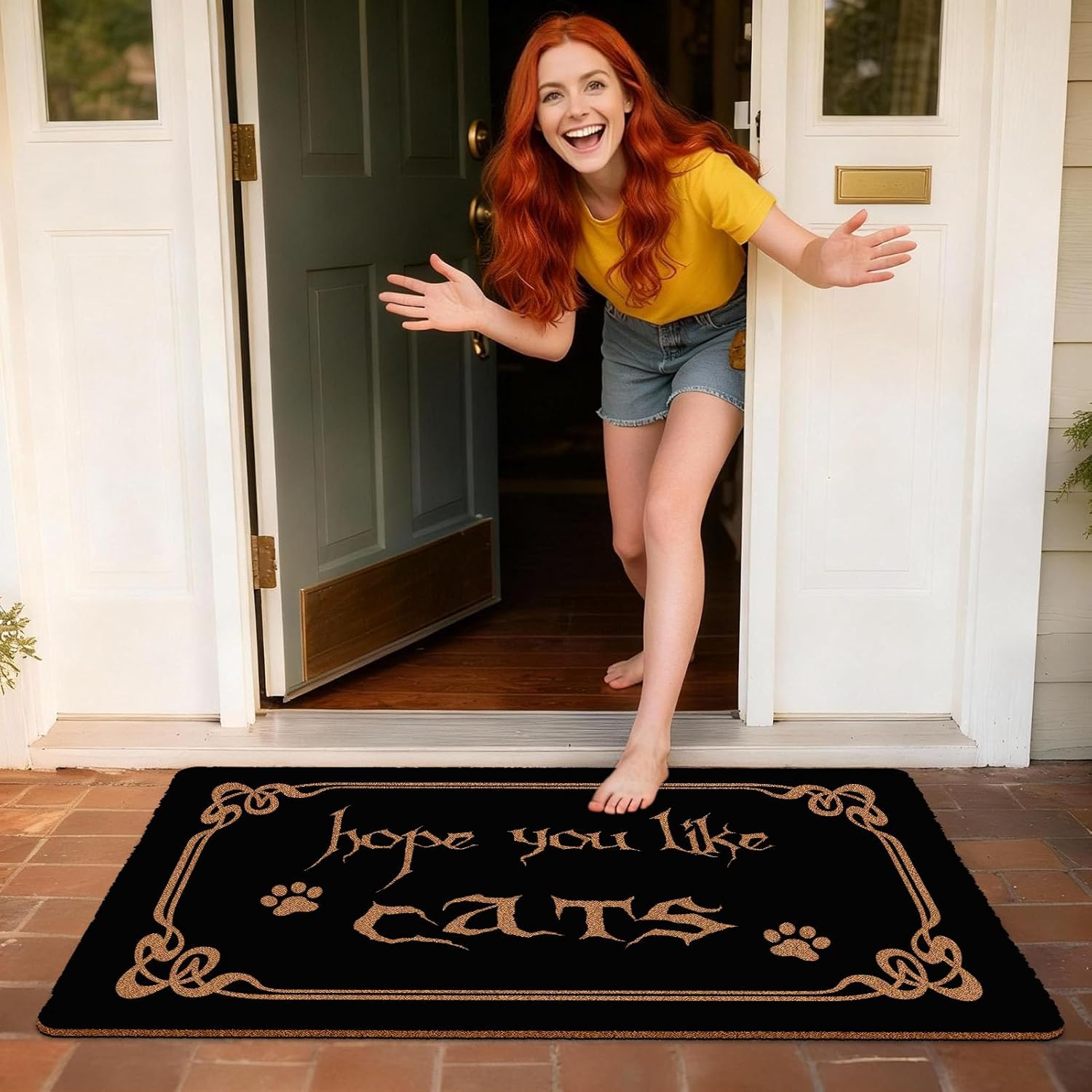 Hope You Like Cats Doormat, Funny Cat Door Mat, Cute Cat Front Door Mat, Coir Door Mats Outdoor Entrance with Non-Slip PVC Backing, Pet Friendly, Home Décor, 30x17 Inch, Black
