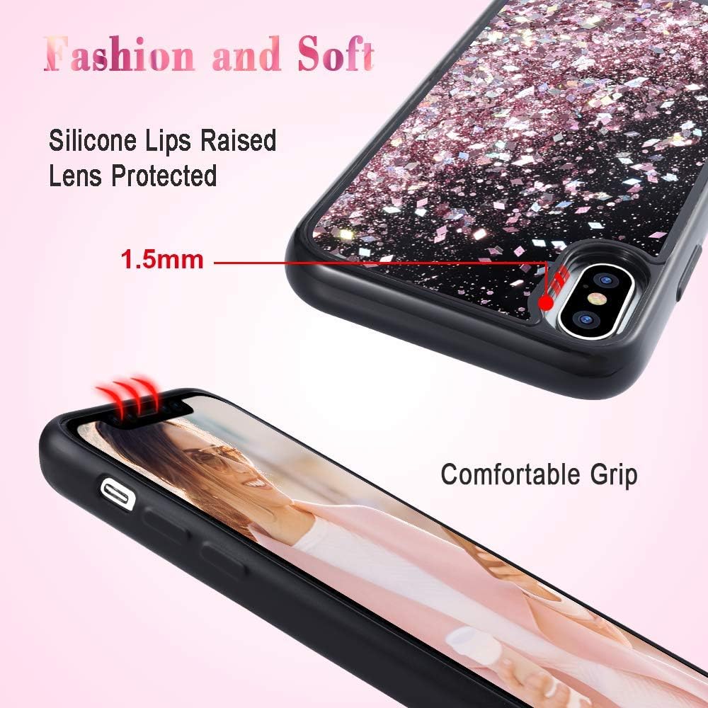 Caka iPhone Xs Glitter Case, iPhone X Case Girly Girls Women Liquid Bling Sparkly Luxury Cuter Flowing Quicksand Floating Glitter TPU Black Phone Case for iPhone 10 X XS (Rose Gold)