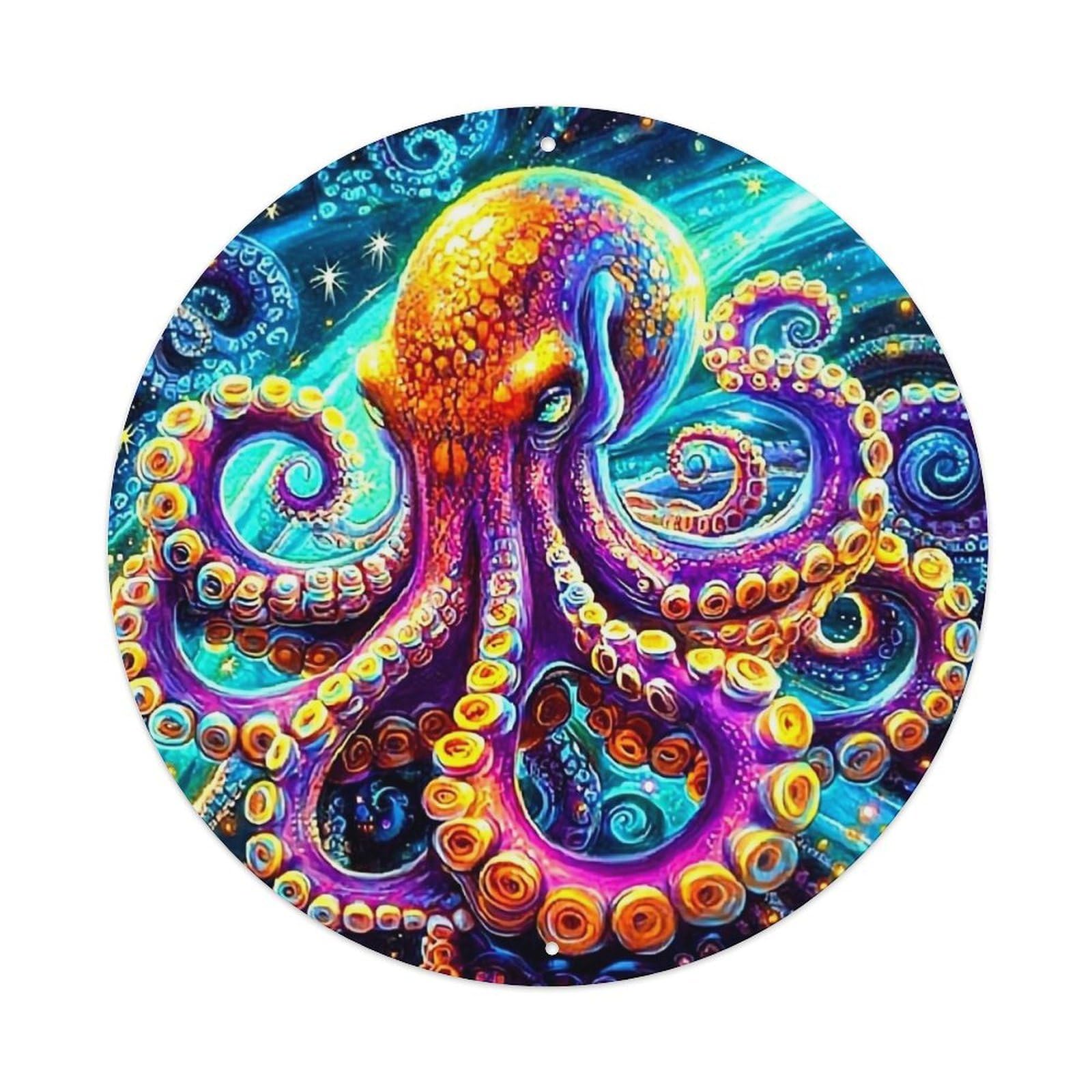 Vibrant Psychedelic Octopus Art Print Retro Metal Tin Sign, Vintage Metal Poster for home, Gaming Room, Studio Workshop,Bar,Garage Wall Art Decor 8x8 inch