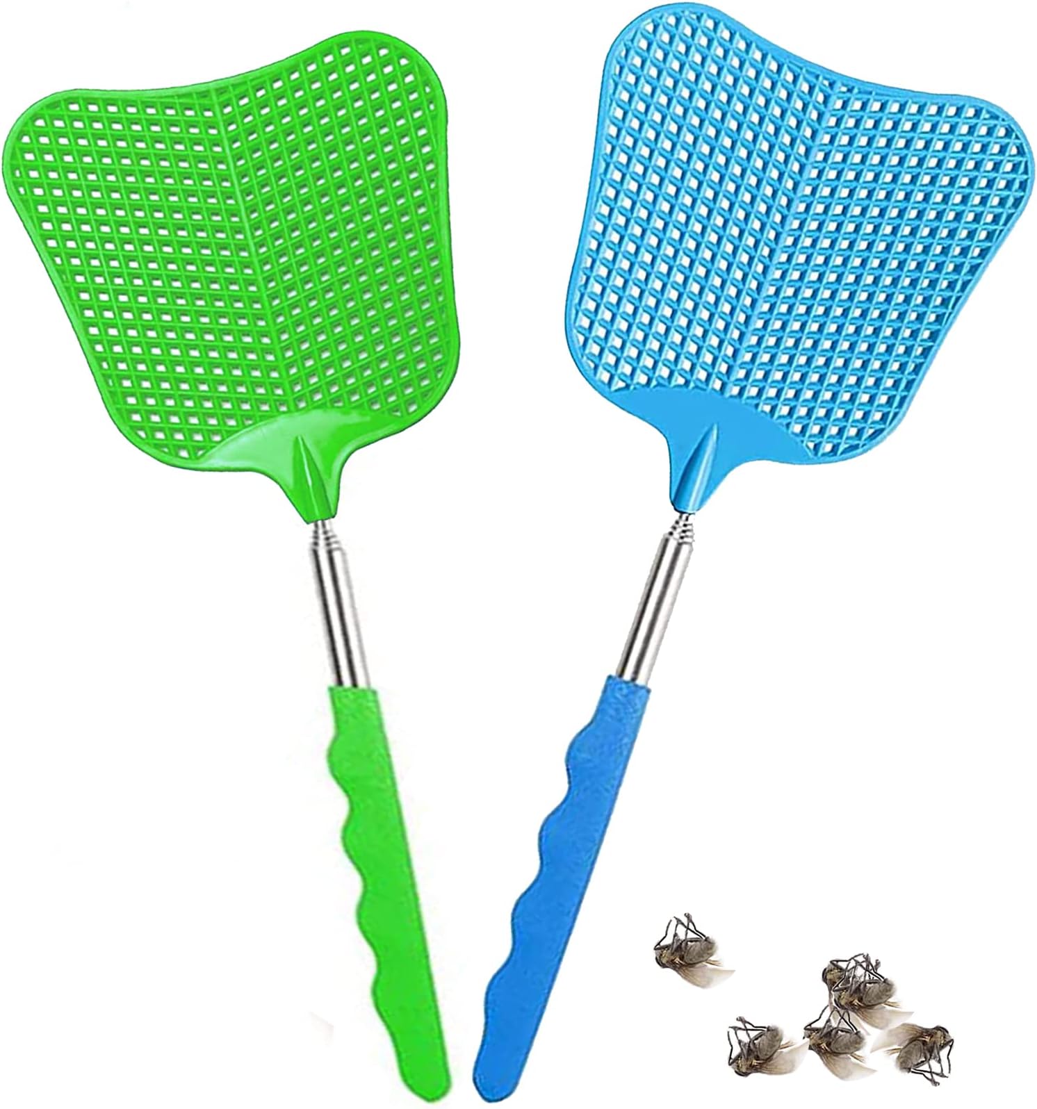 iJiZuo 2 Pcs Extendable Fly Swatters, Strong Fly Killer, with Stainless Steel Telescopic Handle 26cm to 65cm, Retractable Fly Swatters for Indoor Outdoor Mosquito Wasp Bug Insect (Blue & Green)