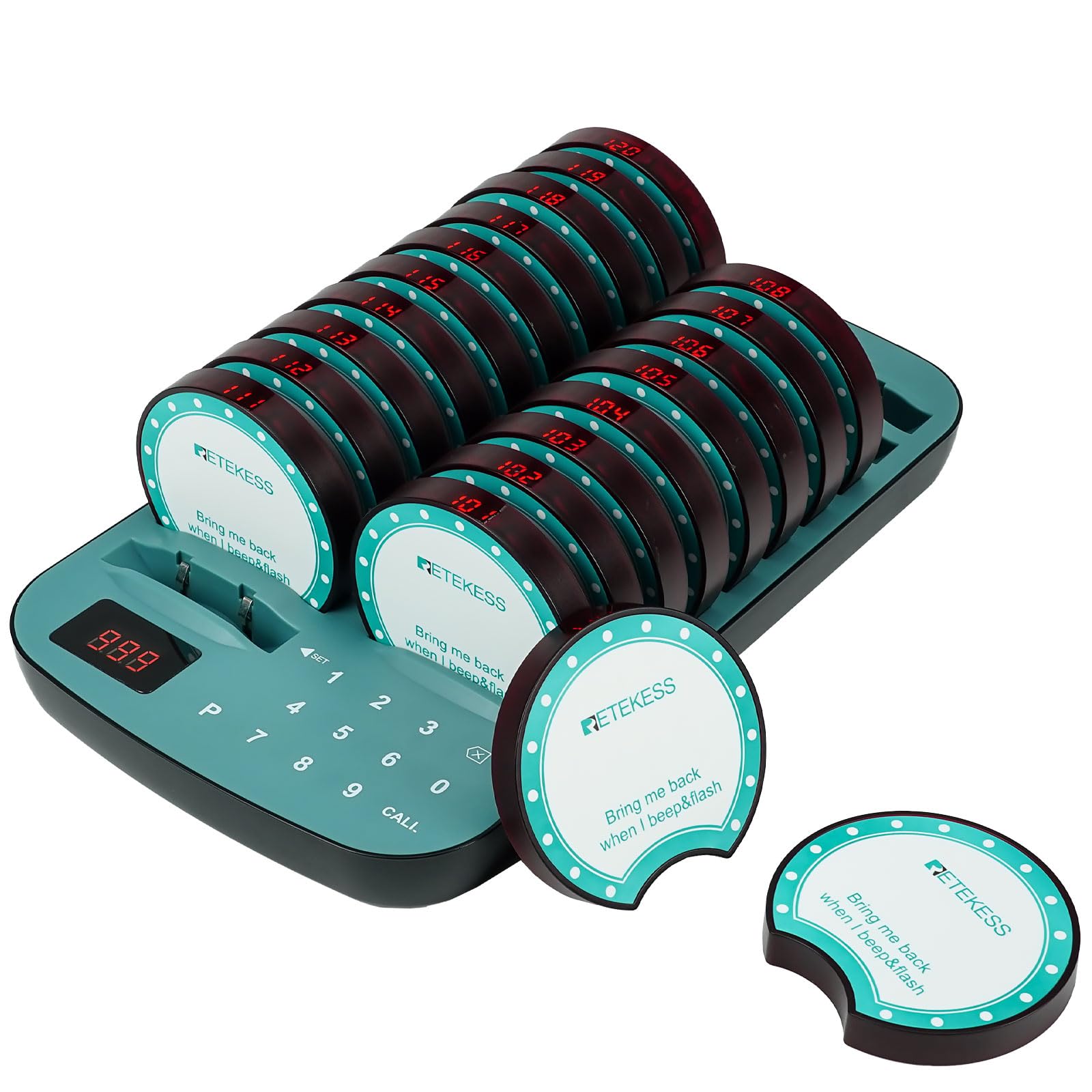 Retekess TD167F Restaurant Pager System, Wireless Calling System, FSK 800M, One Key Pairing, 7 Call Modes, Out of Range Alarm, Customer Buzzer System, for Playground, Food Court, Club (20 Pagers)