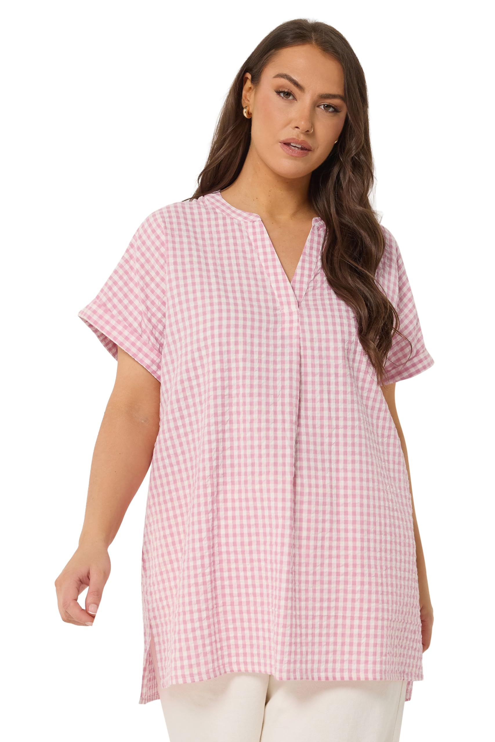 Yours Curve Pink Check Overhead Half Placket Shirt - Women's - Plus Size Curve