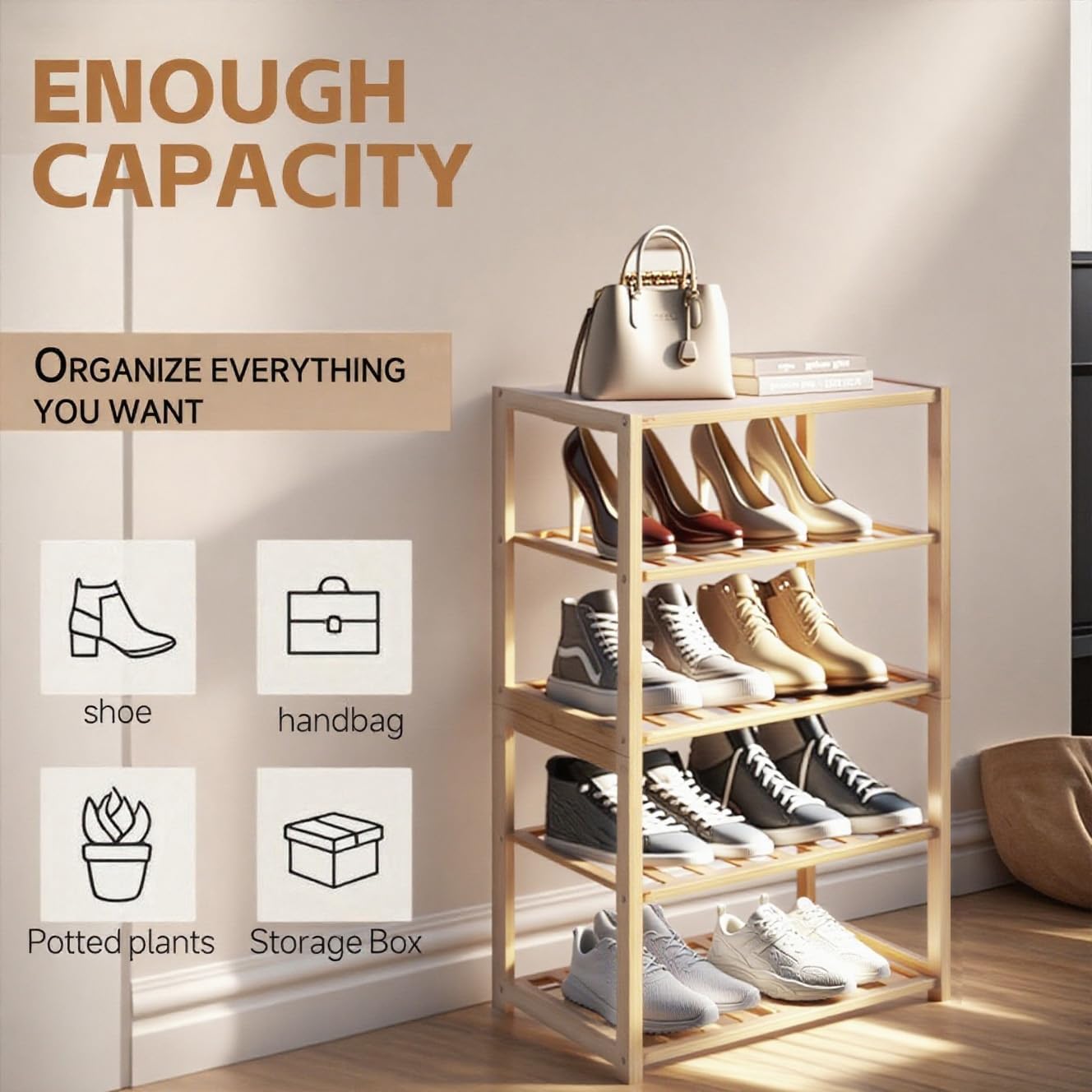 5-Tier Bamboo Shoe Rack, Shoe Organizers Rack Multipurpose Shelfs for Hallway, Closet, Living Room, Entryway, Bedroom, Bathroom