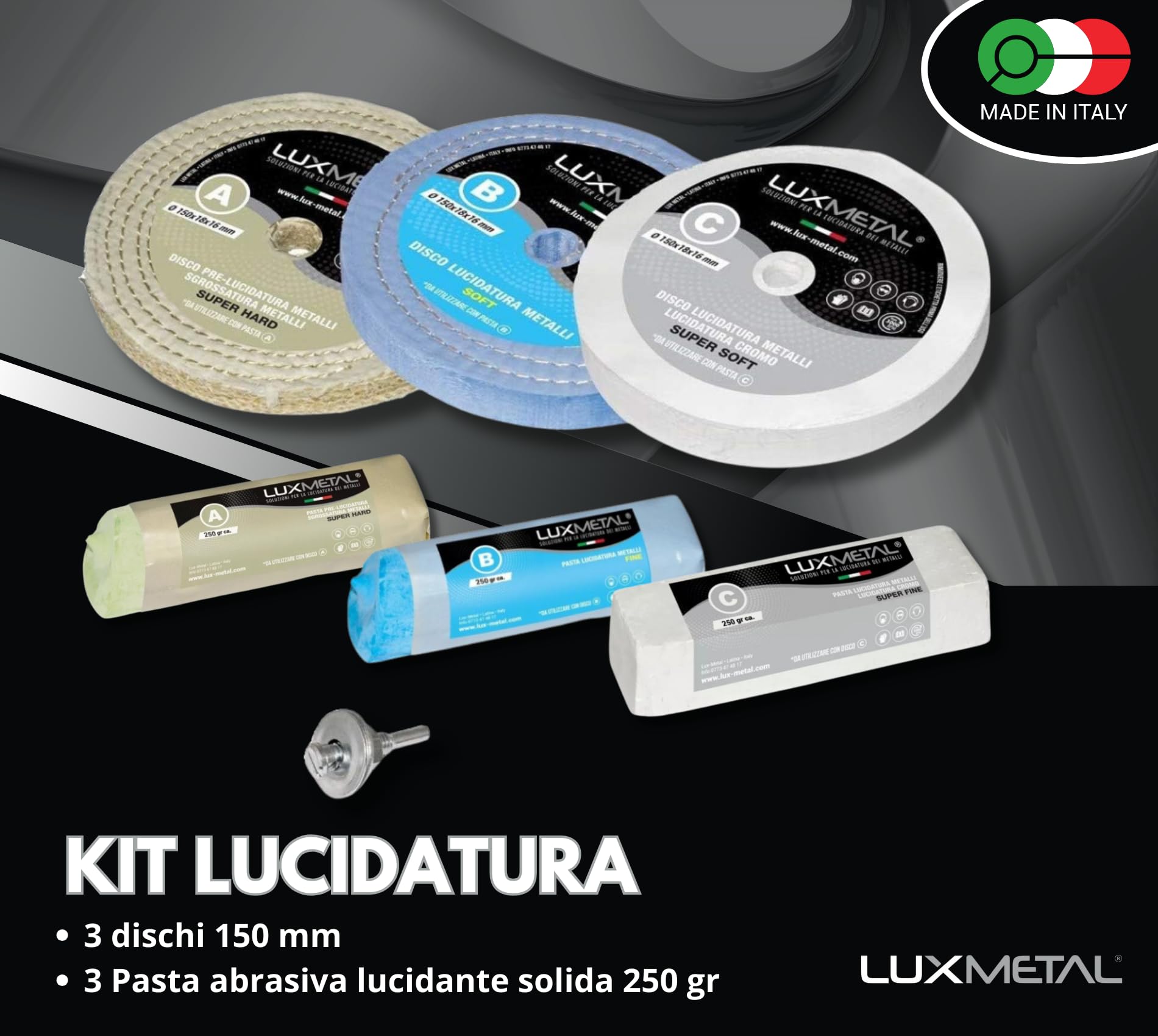 Lux Metal Kit Lucidatura 3 Pasta Abrasiva Lucidante 250 gr e 3 Disco Lucidatura 150 mm in Cotone Trapano Mola Dischi Per Lucidare Acciaio Inox Metalli Alluminio Set Lucida Cromature Ottone Ruota Rame