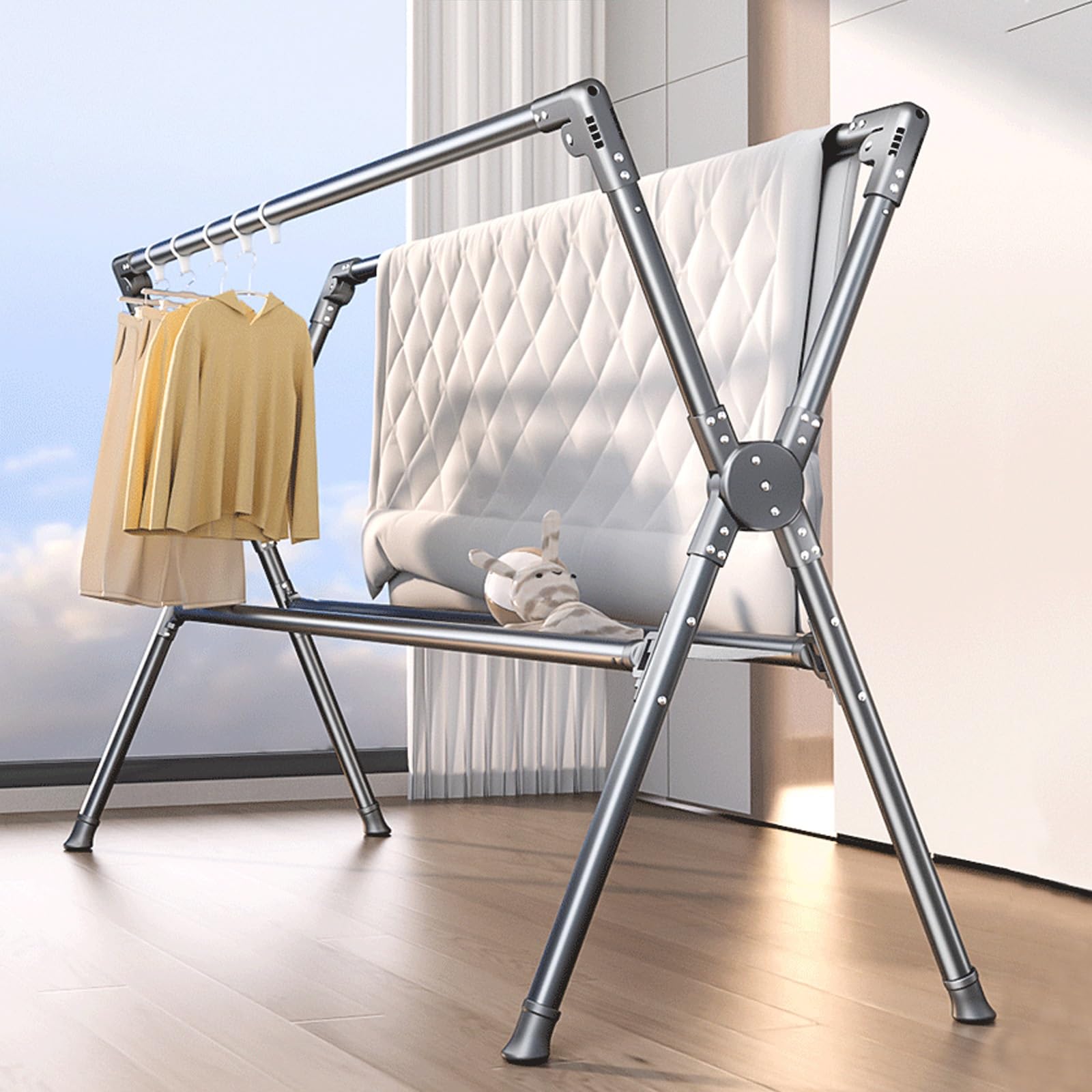Tendedero de aluminio, Tendedero de ropa portátil plegable que ahorra espacio, Tendedero de secado de doble poste, para secar ropa, toallas, ropa de cama, Tendedero de ropa al aire libre, Tendedero