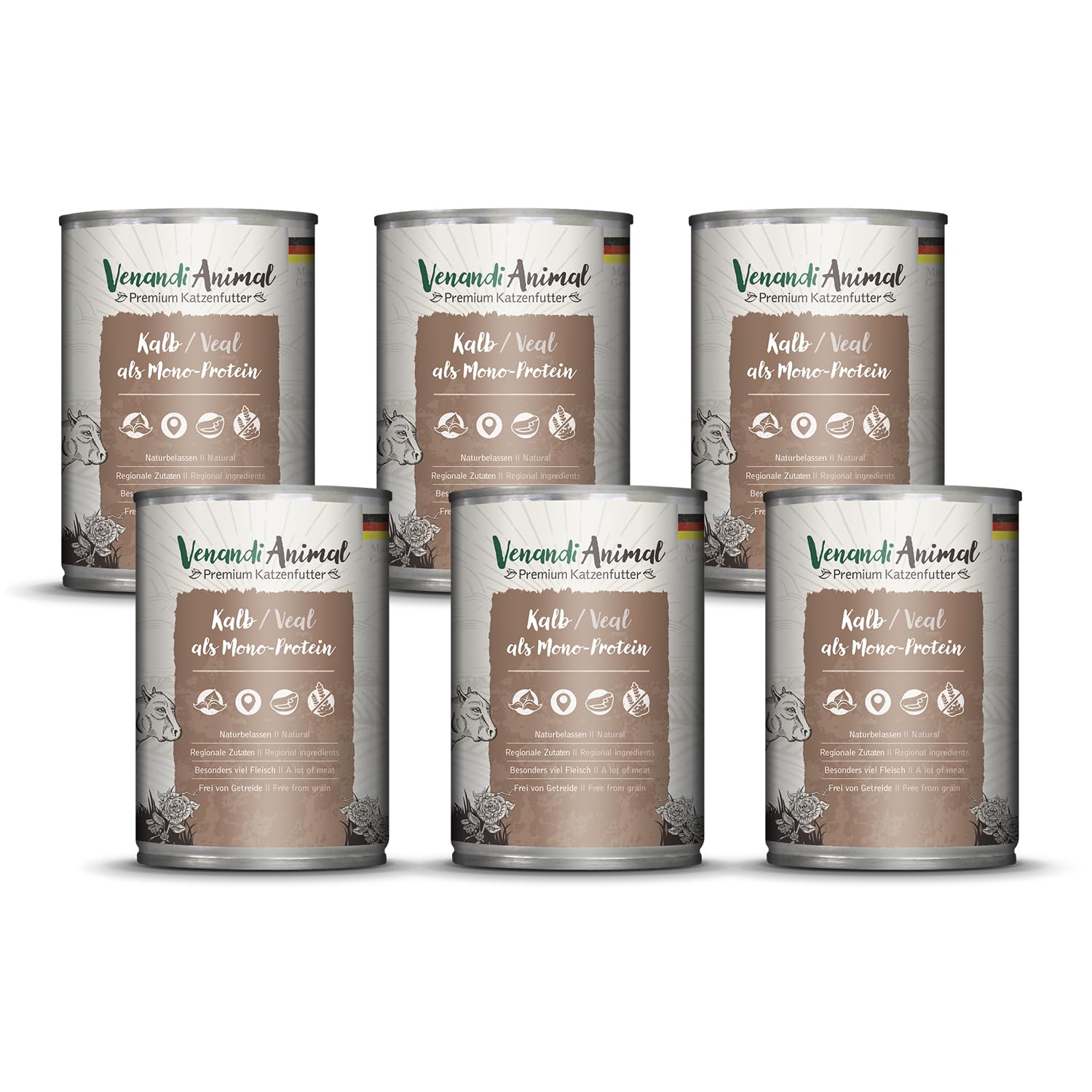 VenandiAnimal Comida de Calidad para gatos - Ternera como monoproteína, Comida húmeda, sin Cereales y Natural, Paquete de 6 (6 x 400 g)