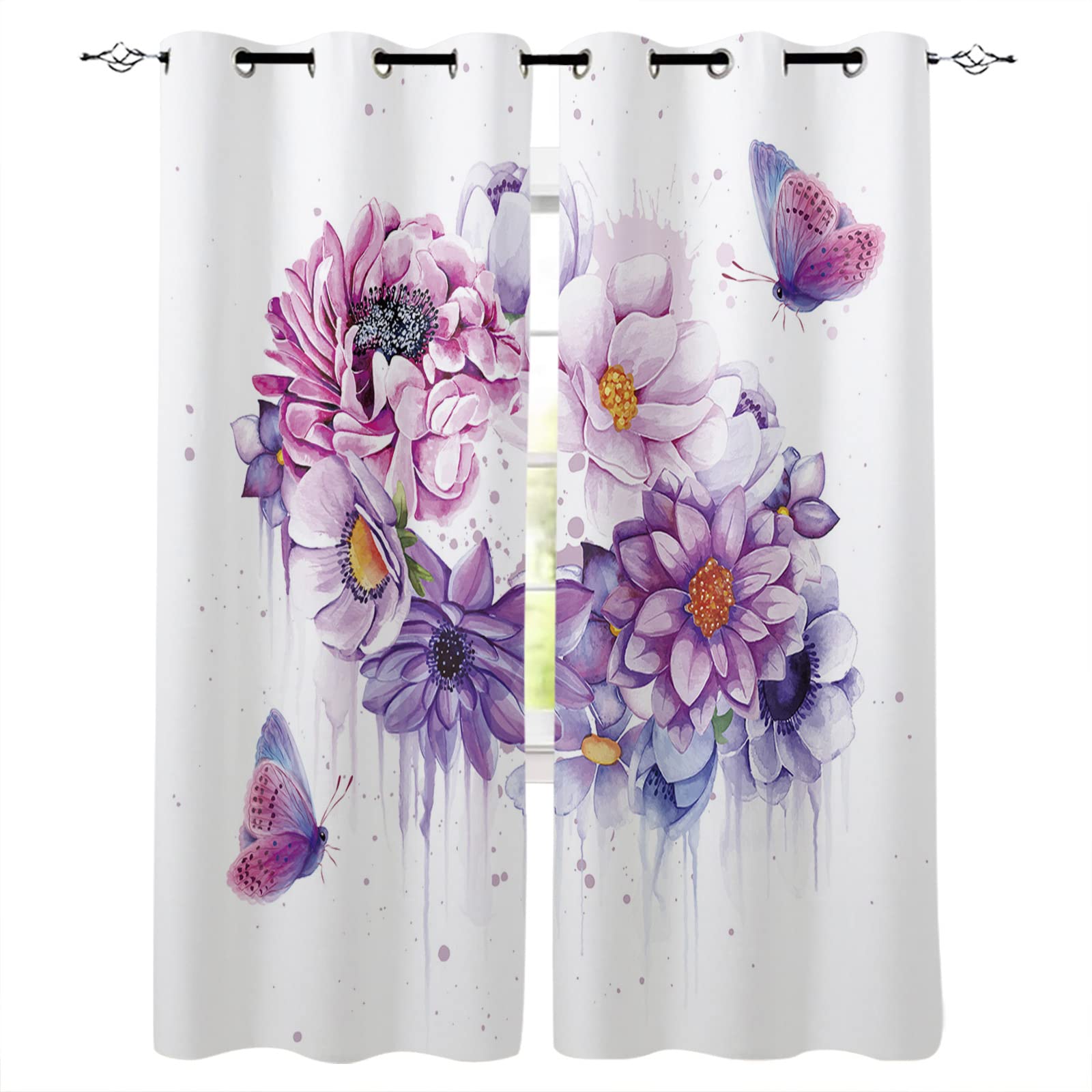 Rideau Occultant Fleurs Papillon Violet Rideaux Anti Bruit Rideau Occultant Thermiques Rideau Salon Chambre Bureau Enfant Rideau avec Oeillets 2 Pièces 2x110x215 cm