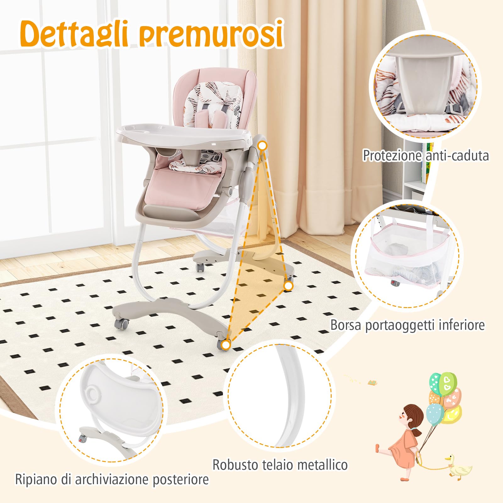 COSTWAY Seggiolone Pappa per Bambini e Neonati, Seggiolone Pieghevole Multifunzione con Ruote, Altezza Regolabile, Poggiapiedi e Schienale, Vassoio Rimovibile, per 6-36 Mesi (Rosa)