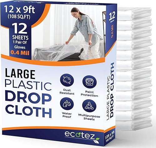 6 Pack 12 x 9 ft Extra Large Painter's Drop Cloth - Light & Durable Dust Cover - Clear Plastic Sheet - Paint Drop Cloth - Plastic Floor Protector