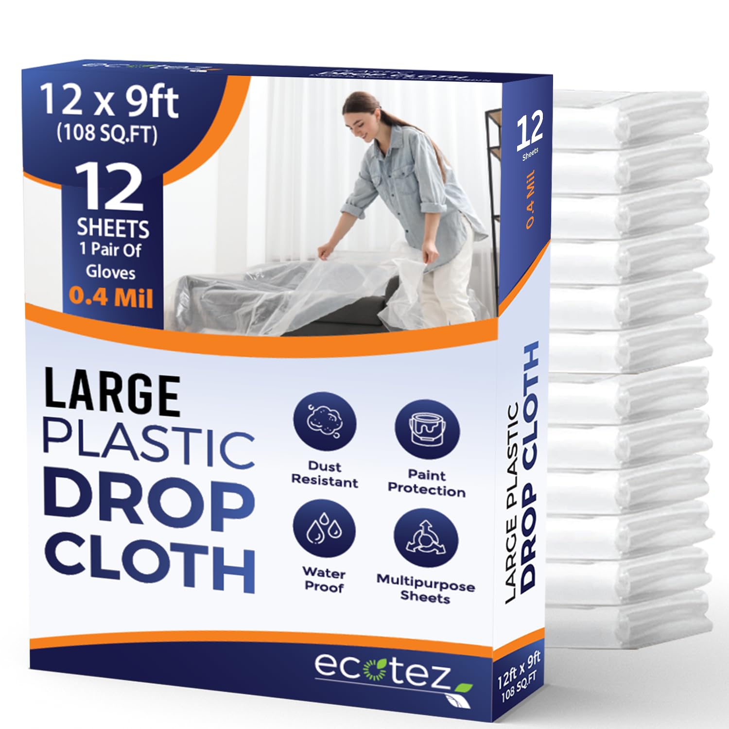12 Pack 12 x 9 ft Extra Large Painter's Drop Cloth - Light & Durable Dust Cover - Clear Plastic Sheet - Paint Drop Cloth - Plastic Floor Protector