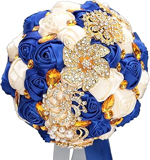 XINNI Luxury Gold Rhinestone Bridal Wedding Bouquet Bride Bridesmaid Satin Rose Flower Bouquet Wedding Decoration (Royal Blue + Ivory)