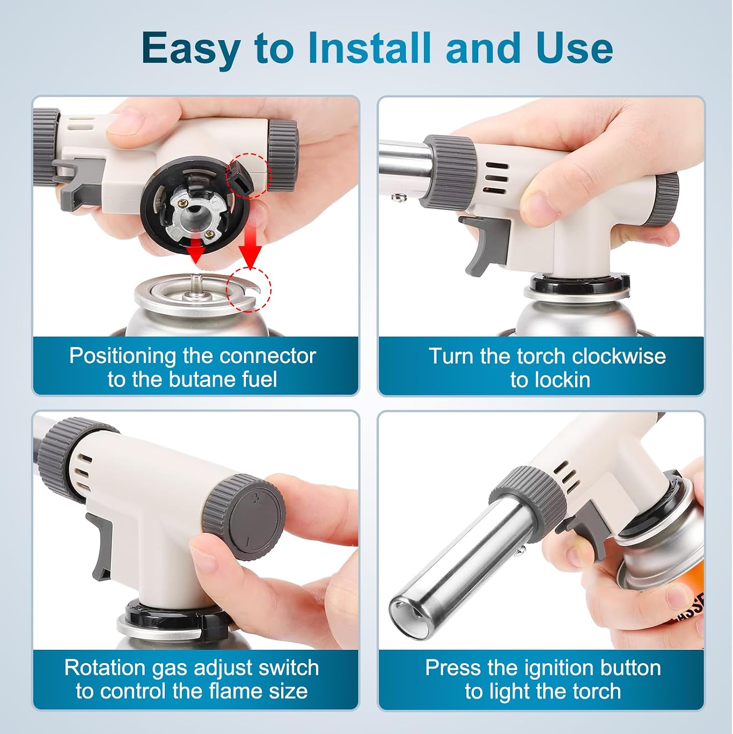 Butane Torch Head, Professional Kitchen Cooking Torch with Adjustable Flame, Culinary & Grilling Blow Torch Lighter for Desserts, Creme Brulee, Soldering, and Baking - White (Fuel Not Included)