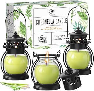 Citronella Candles Outdoor 3 Pack, Soy Wax Candles with Metal Lantern | DEET-Free Long Burning Lemongrass Candles for Patio, Garden & Backyard Decor