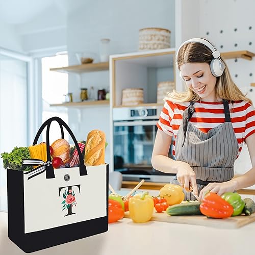 Miniatura 50 de Initial Canvas Tote Bag, Personalized Birthday Gifts for Women Mom Friends Teachers, Monogrammed Tote Bags Suitable for Mother's Day Wedding Beach