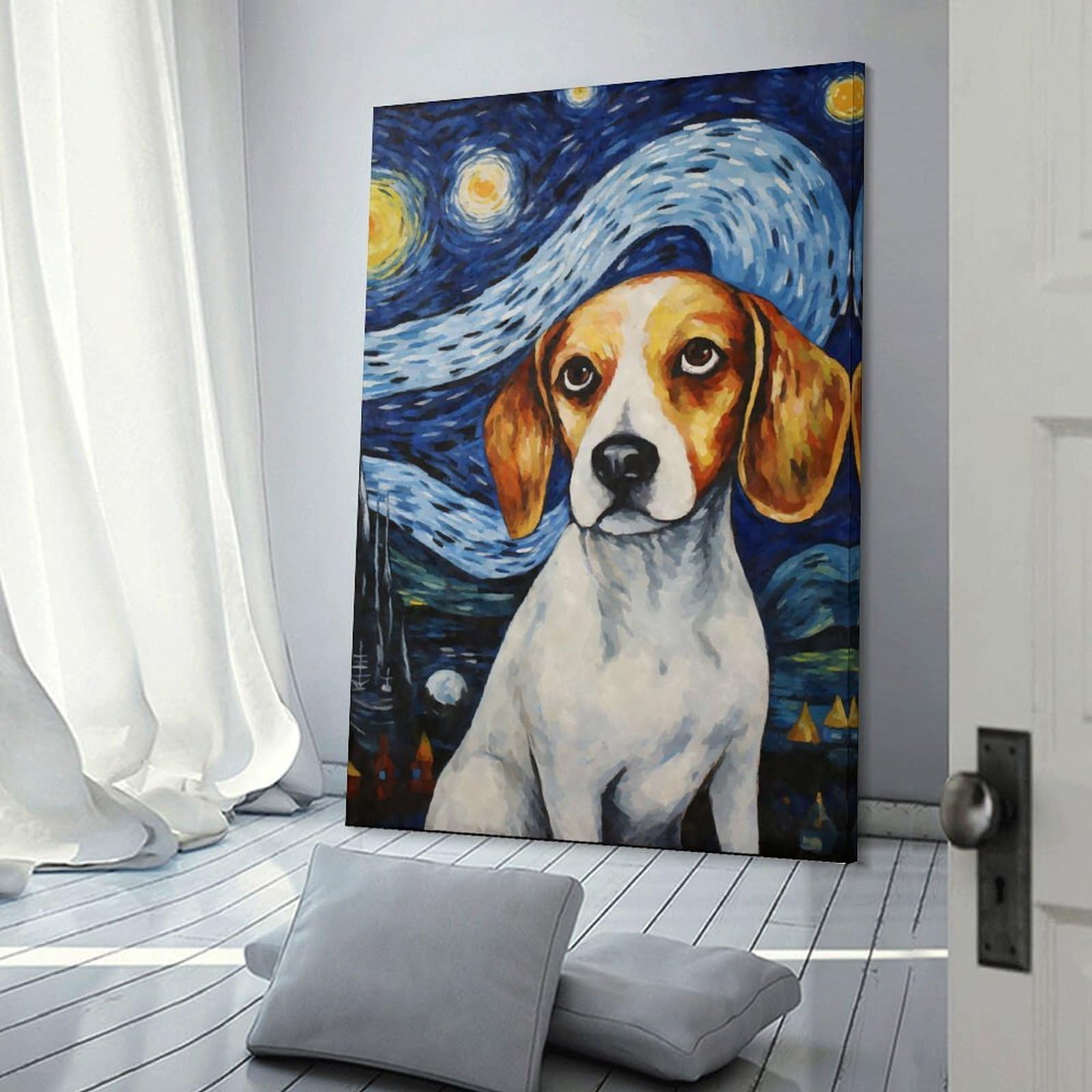 Junmoney Frame-Style-4 Beagle Dog Starry Night Wall Picture Print, 20X30inch(50X75cm), For Wall Displays, Bedrooms Or Room Updates, Decorative Artwork With Flexible Styling
