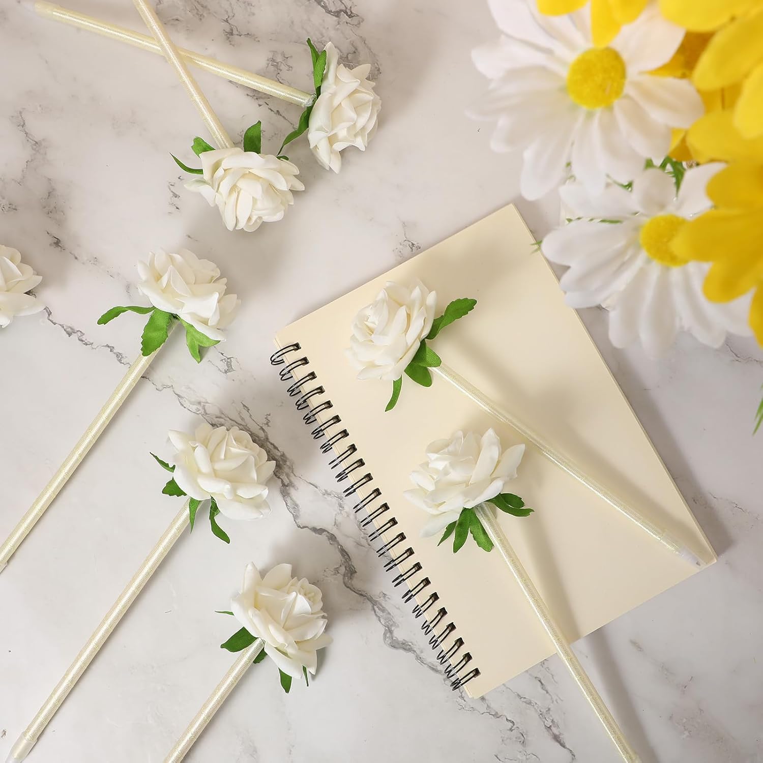 Engrowtic 28 Pcs Gifts for Mother's Day Flower Rose Pens for Mother Grandma Artificial Floral 0.5mm Black Ink Gel Pen for Mothers Day Gifts Wedding Home Office Supplies(White)