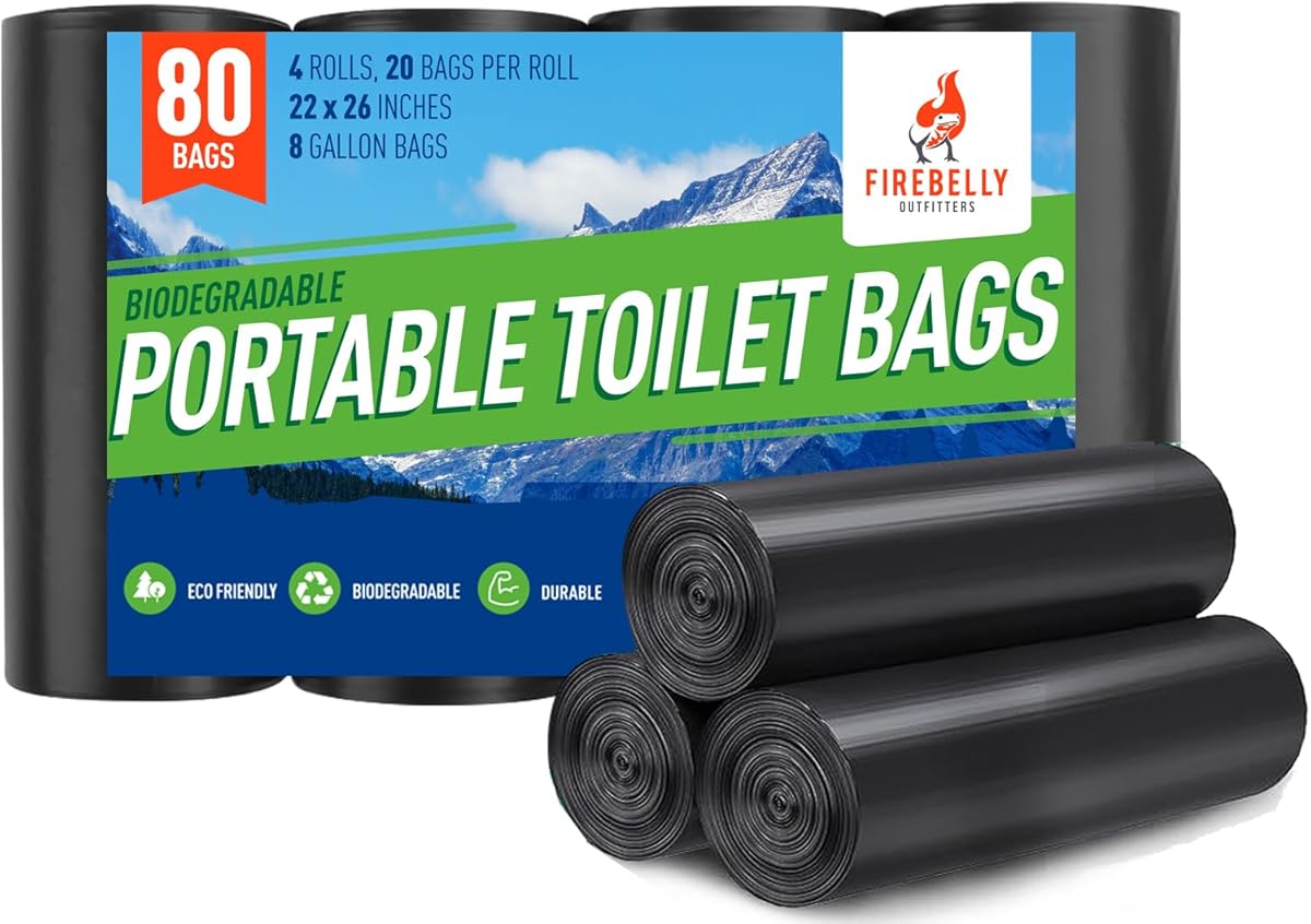 Firebelly Outfitters Portable Toilet Bags for 5 Gallon Bucket - 80 Biodegradable Camping Poop Bags - Leak-Proof, Durable Waste Bags for Outdoor, RV, & Emergency Use - Easy Disposal