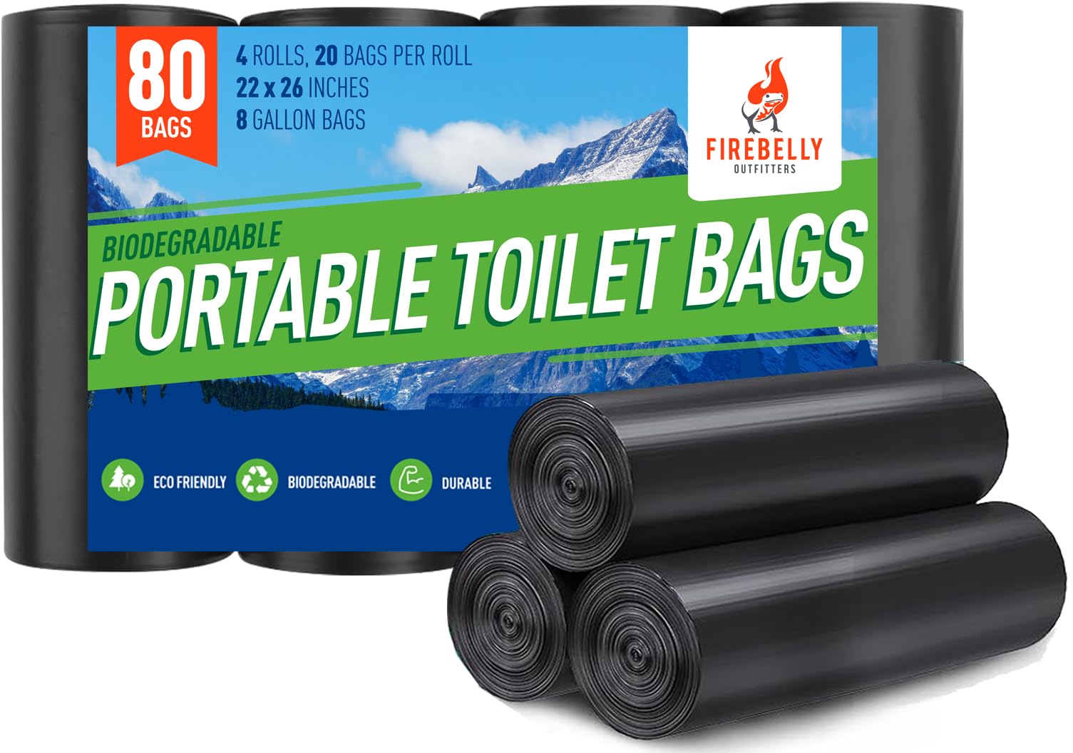 Firebelly Outfitters Portable Toilet Bags for 5 Gallon Bucket - 80 Biodegradable Camping Poop Bags - Leak-Proof, Durable Waste Bags for Outdoor, RV, &