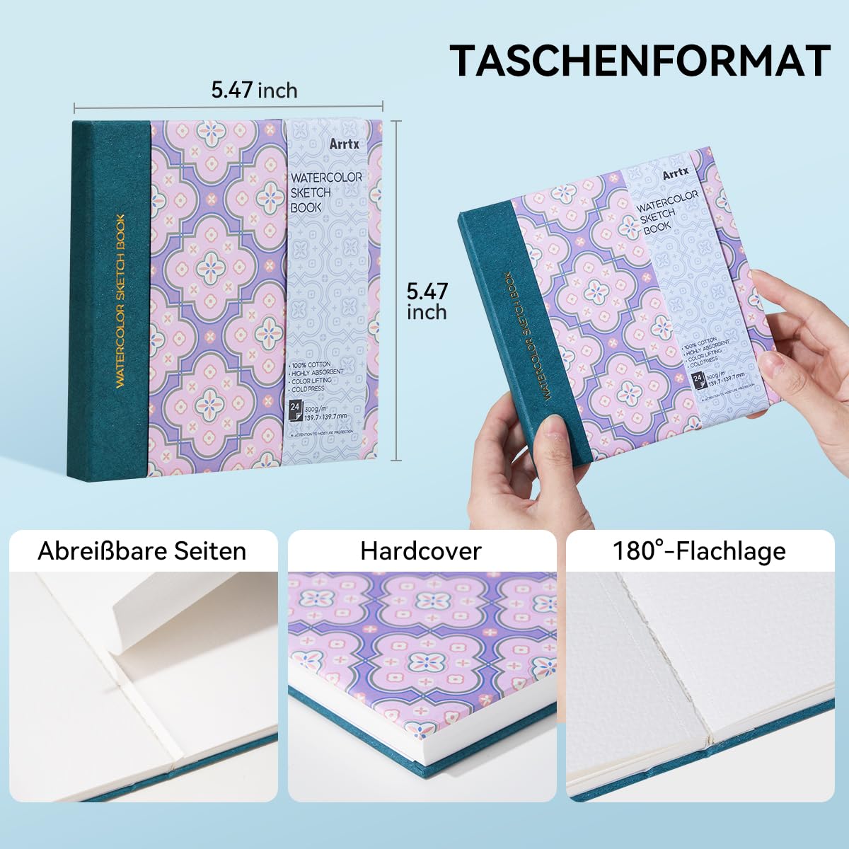 Arrtx Square Aquarellpapier Skizzenbuch, 5.47x5.47'', 140 LB, 300 GSM, 100% Baumwollpapier, Cold Press, 24 Blätter, Hardcover Aquarell Journal für den Einsatz als Reisebuch für Künstler Erwachsene Stu