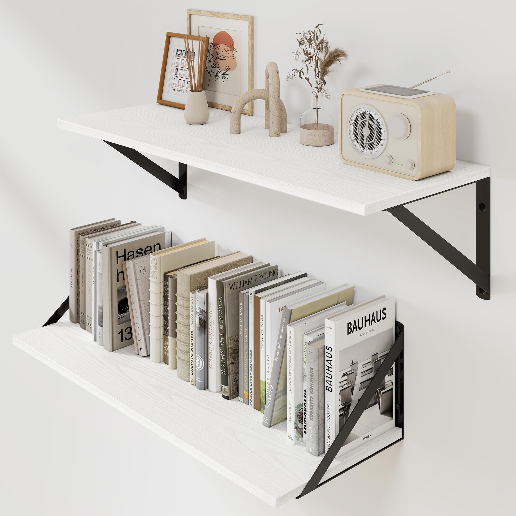 Heimlove Floating Shelves Set of 2, 60cm White Wall Shelves with Metal Brackets, Book Shelf 15cm Deep for Living Room, Bedroom, Kitchen, Bathroom, Home Office & Book Storage