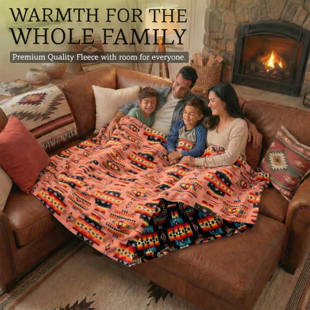 Sacred Thread Aztec Blanket Fleece, Reversible Native American Blanket, Western Throw, Native American Western (Peach Flannel), Queen (79”x95”) - Image 3