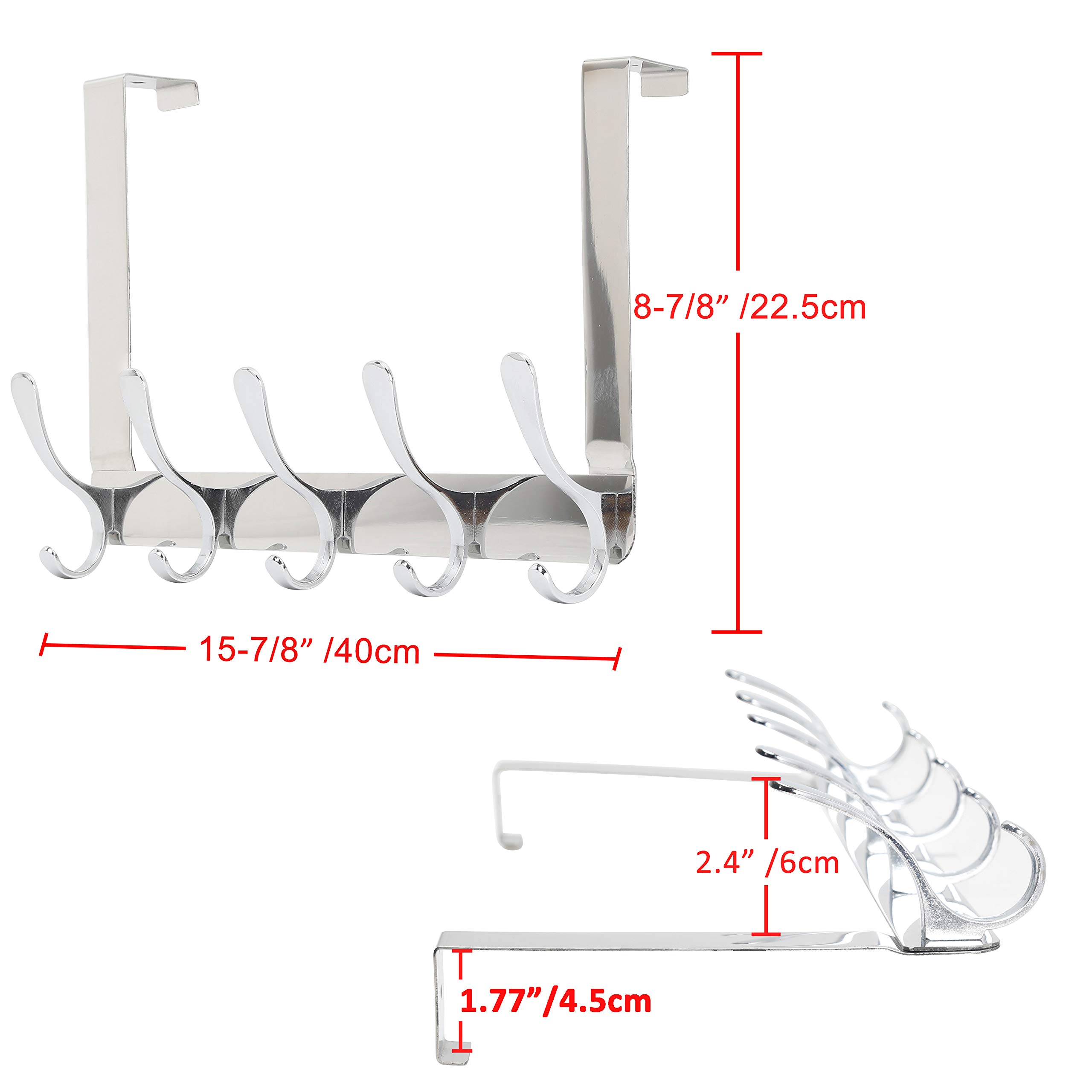SKOLOO - Appendiabiti da porta con 5 ganci per appendiabiti per vestiti, asciugamani, cappotto, appendiabiti sopra la porta (confezione da 2, argento)
