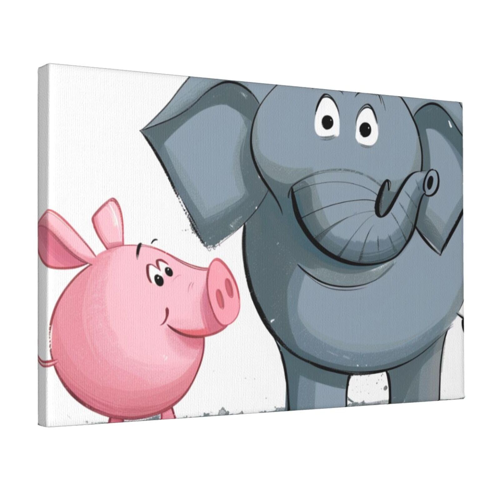 YKLJG Elephant and Piggie Printed Wall Art Canvas Prints 45x30 CM Wooden Framed Picture Painting Artwork for Bedroom Kitchen Home Office Decor