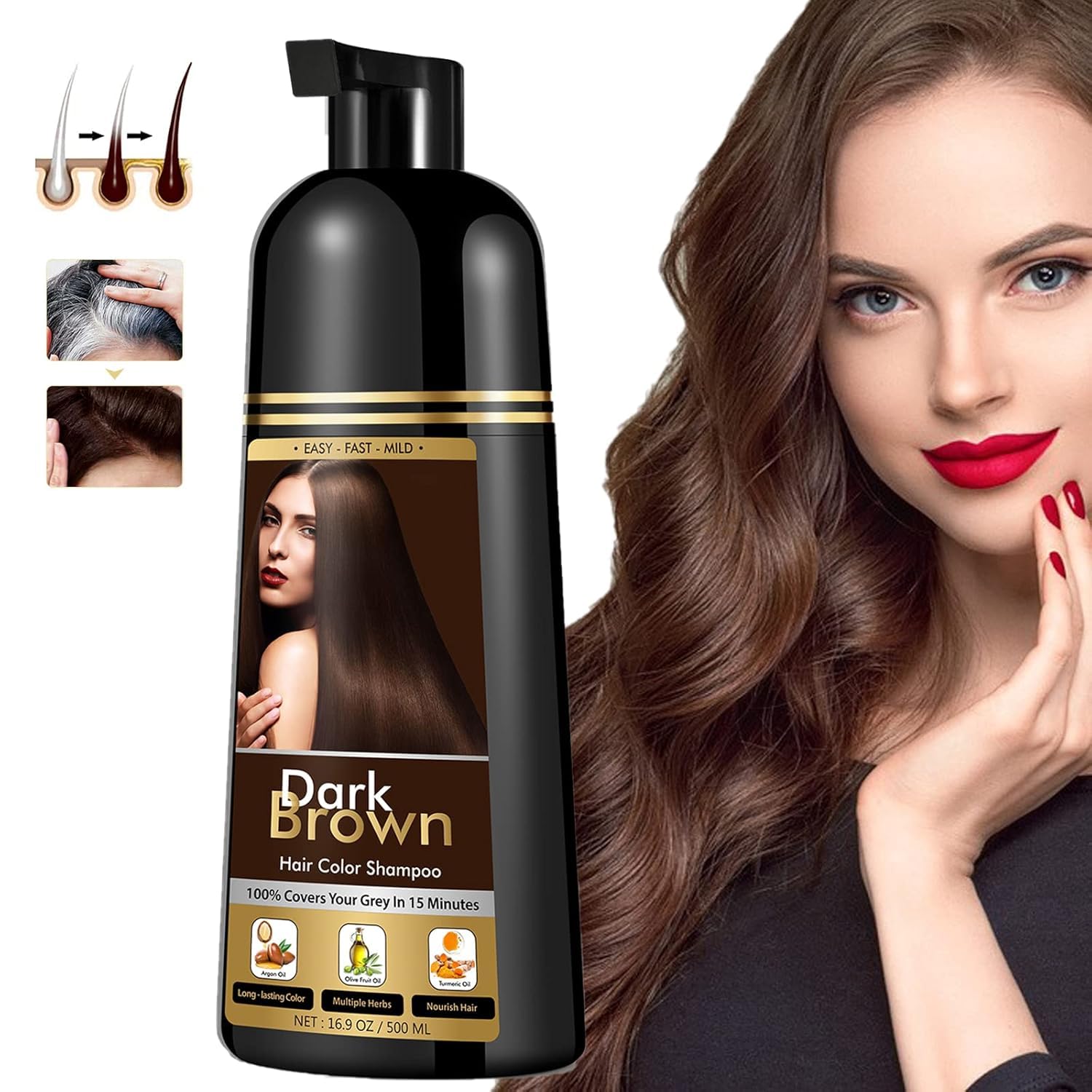 Dark Brown Hair Dye Shampoo for Gray Hair, Instant Hair Color Shampoo for Women & Man, 3-In-1 & Semi-Permanent, Herbal Ingredients, Fast Acting and Long Lasting (500ML)