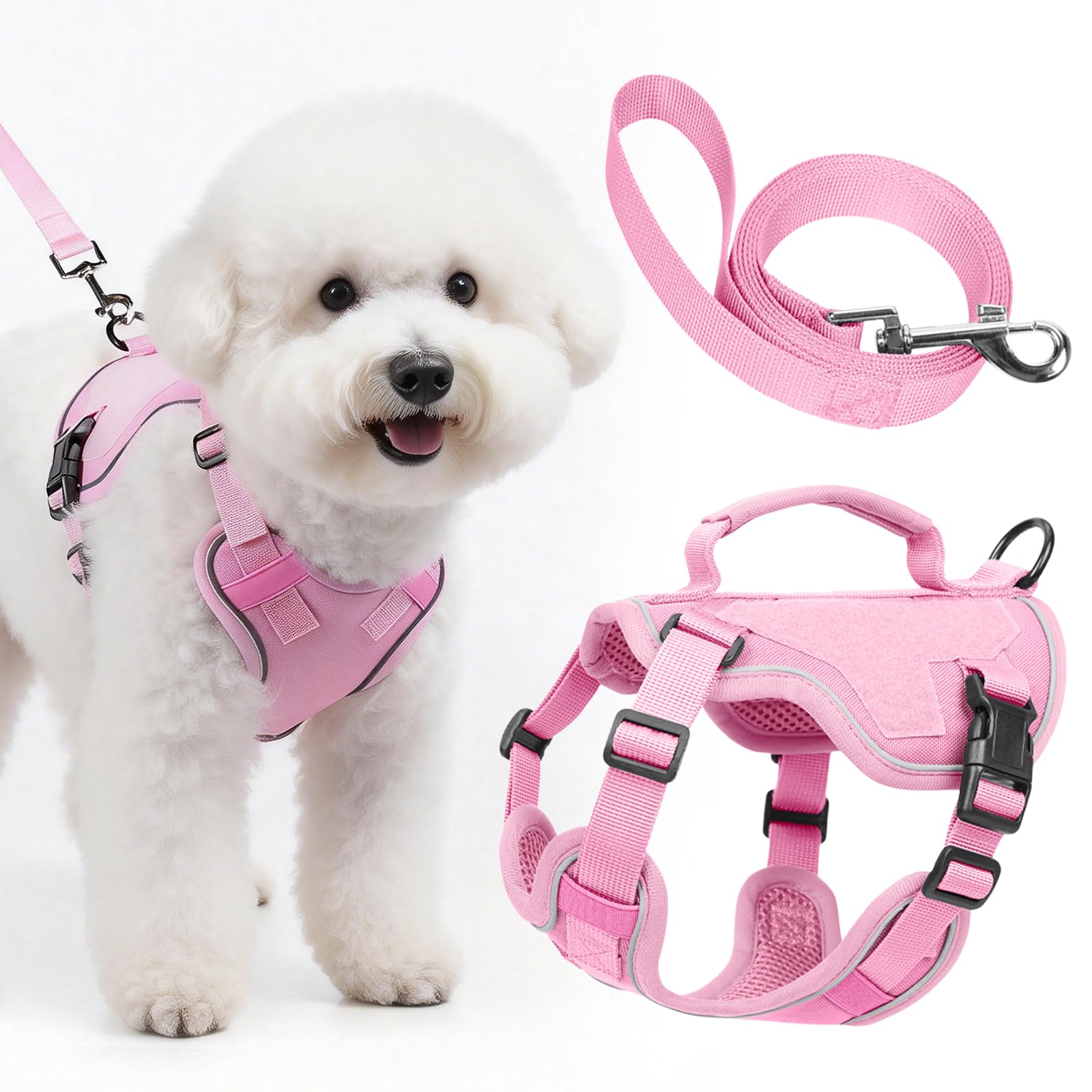 Ledeak Dog Harness and Lead Set, No Pull Adjustable Pet Harness with Soft Mesh and Reflective Bands, Breathable No-Choke Vest Harness with Control Handle for Puppy Small and Medium Dogs (Pink, XXXS)