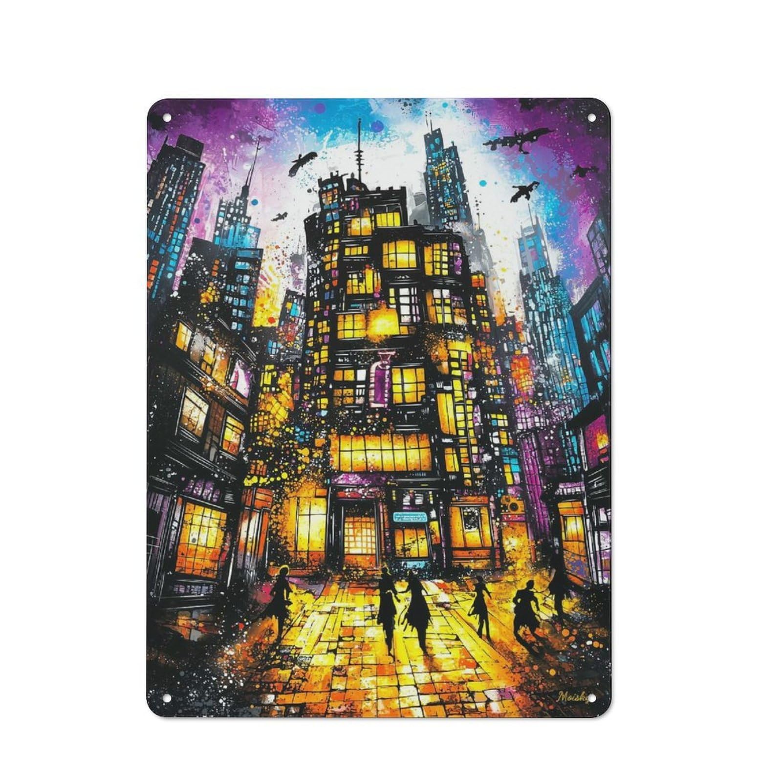 Junmoney Neon Metropolis – Surreal Urban Nightscape Decorative Tin Sign 40X30cm, Country Country Wall Plaque For Dining Room, Cafe, Entryway Or Family Room