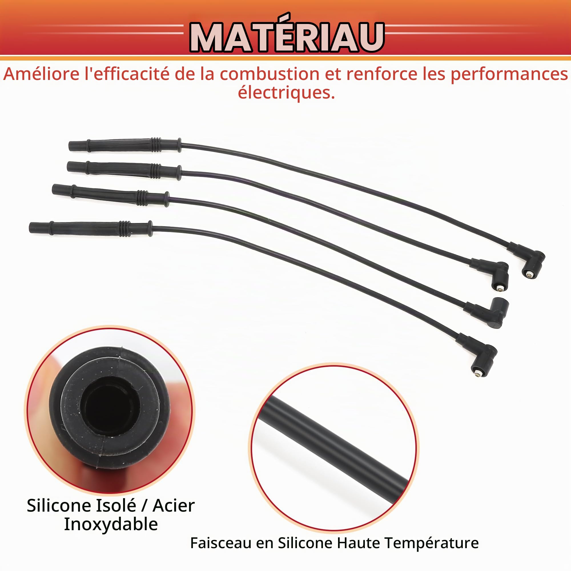 QUARKZMAN Jeu De Fils D'Allumage Pour Renault Clio II 1998+ 4 Pièces | Couleur Noir, Matériau Silicone/Nickel, OE:8200713680, Pour Kangoo 2017+, Pour Twingo I 1996-2007, Pour Twingo II 2007+