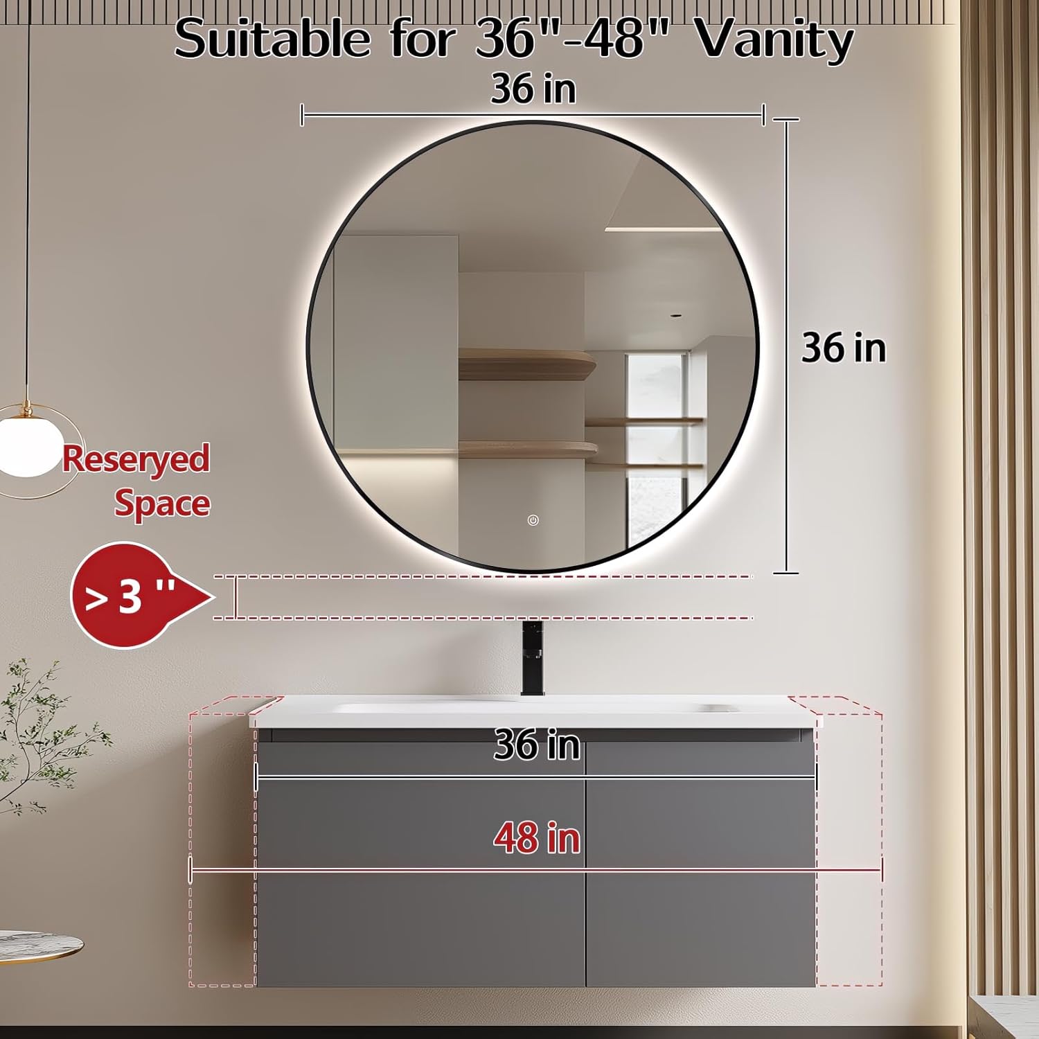 Niccy 36" LED Backlit Round Mirror for Bathroom, Black Framed Vanity Light Wall Mirror, LED Smart Circle Mirrors with 3 Lighting Colors, Round Lighted Mirror with Anti-Fog, IP65 Waterproof