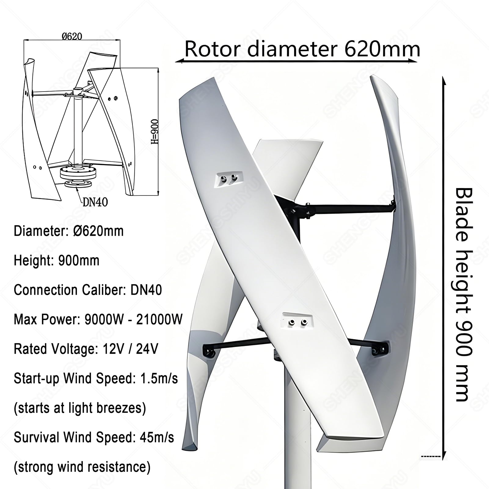Turbina Wiatrowa do Ogrodu,Generator Wiatrowy z Falownikiem,3-łopatowa Spiralna Oś Pionowa,średnica 620mm,Wysokość 900mm,Rozruch Przy Słabym Wietrze,Solidna I Trwała 12000W-24V