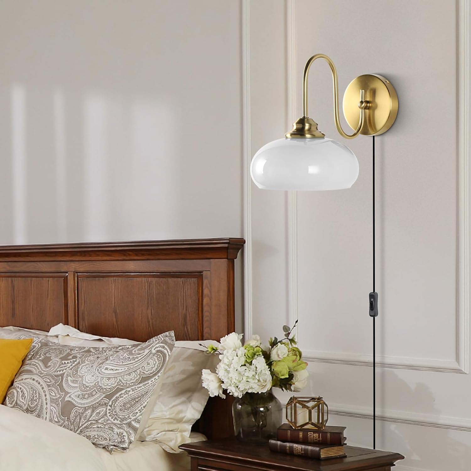 KCO Lighting Antique Brass Wall Sconce Goose Neck Wall Sconce Plug in Wall Lights with Cord Milk Glass Wall Mounted Light Fixture for Bedroom