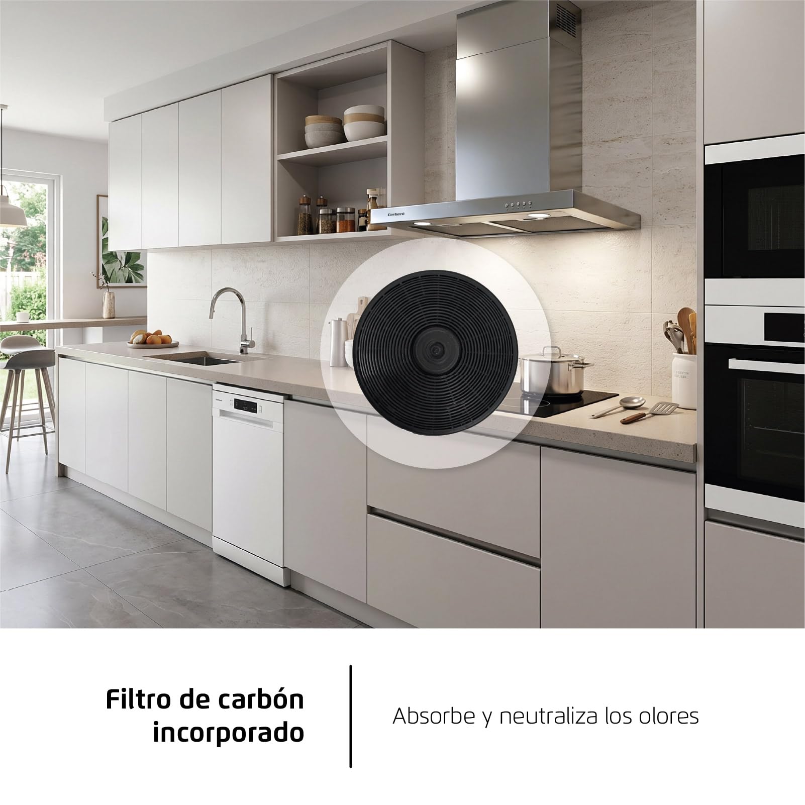 Corberó - Hotte décorative horizontale 70 cm | VOSTOK760X | Inox | Débit 647,7 m3/h | 165 W | 3 vitesses | 2 filtres en aluminium | Filtre charbon | Efficacité énergétique A, Inox
