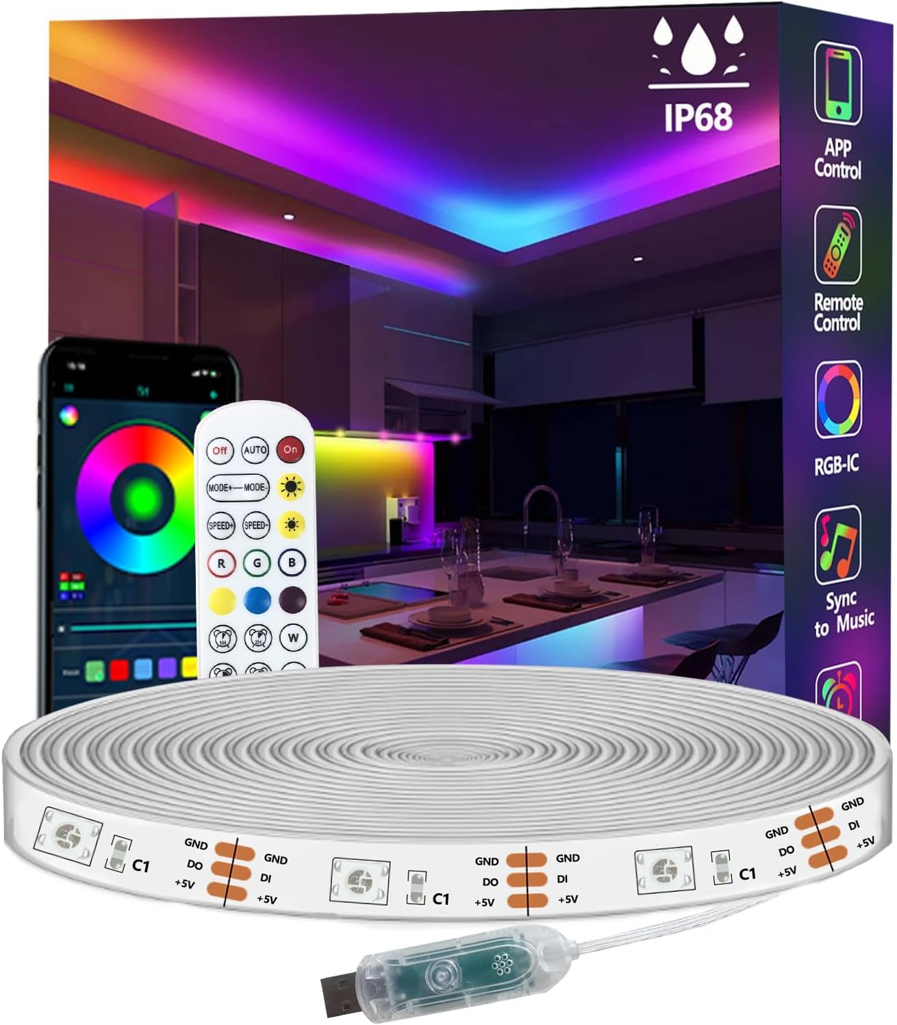 16.4FT Ws2812 RGB+IC LED Strip Lights IP68 Outdoor Waterproof, 5V USB Powered, Music Sync Bluetooth APP/RF Remote Control Lights for Balcony,Deck,Camping,Garden,Bedroom Decor