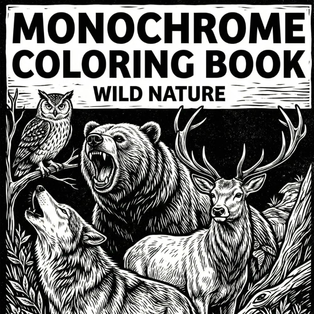 Monochrome Coloring Book: Wild Nature: One Color Animal Illustrations Inspired for Relaxation and Stress Relief