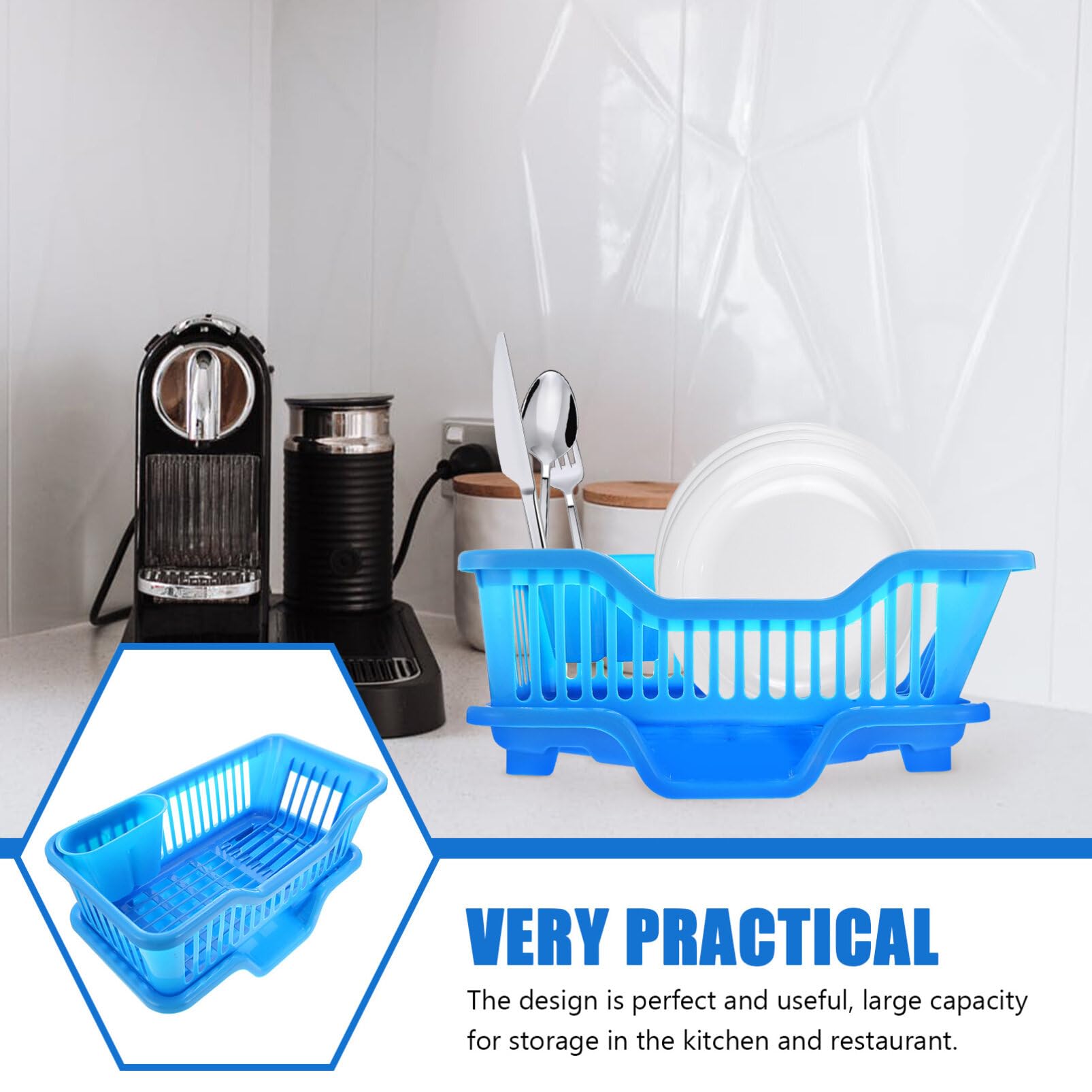 Escurreplatos de plástico para fregadero, escurridor de platos con soporte para cubiertos, cesta en T para una eficiente nización de encimera, diseño de ahorro de espacio de color azul